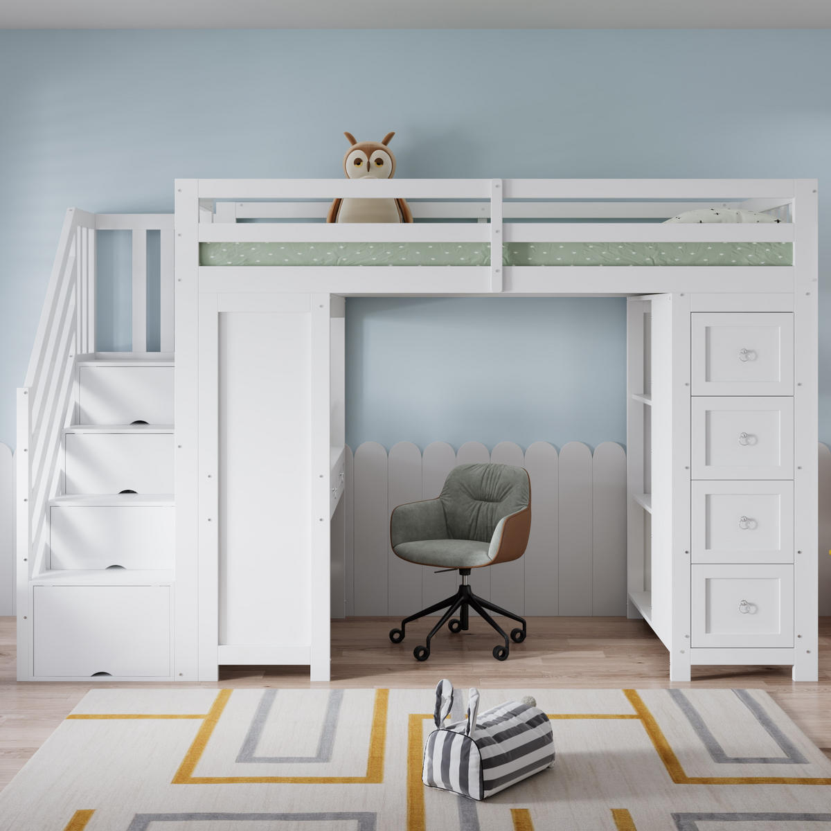 HOCHBETT 90/200 cm in Weiß mit Schubladen, Regal und Schreibtisch - Weiß, Holzwerkstoff (90/200cm) - STILVORA