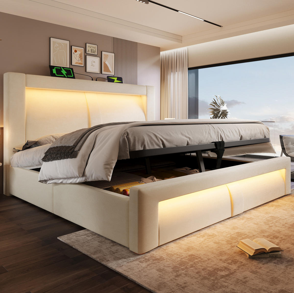 POLSTERBETT 160/200 cm Beige aus Samt mit Stauraum und LED - Beige, Textil (160/200cm) - OKWISH