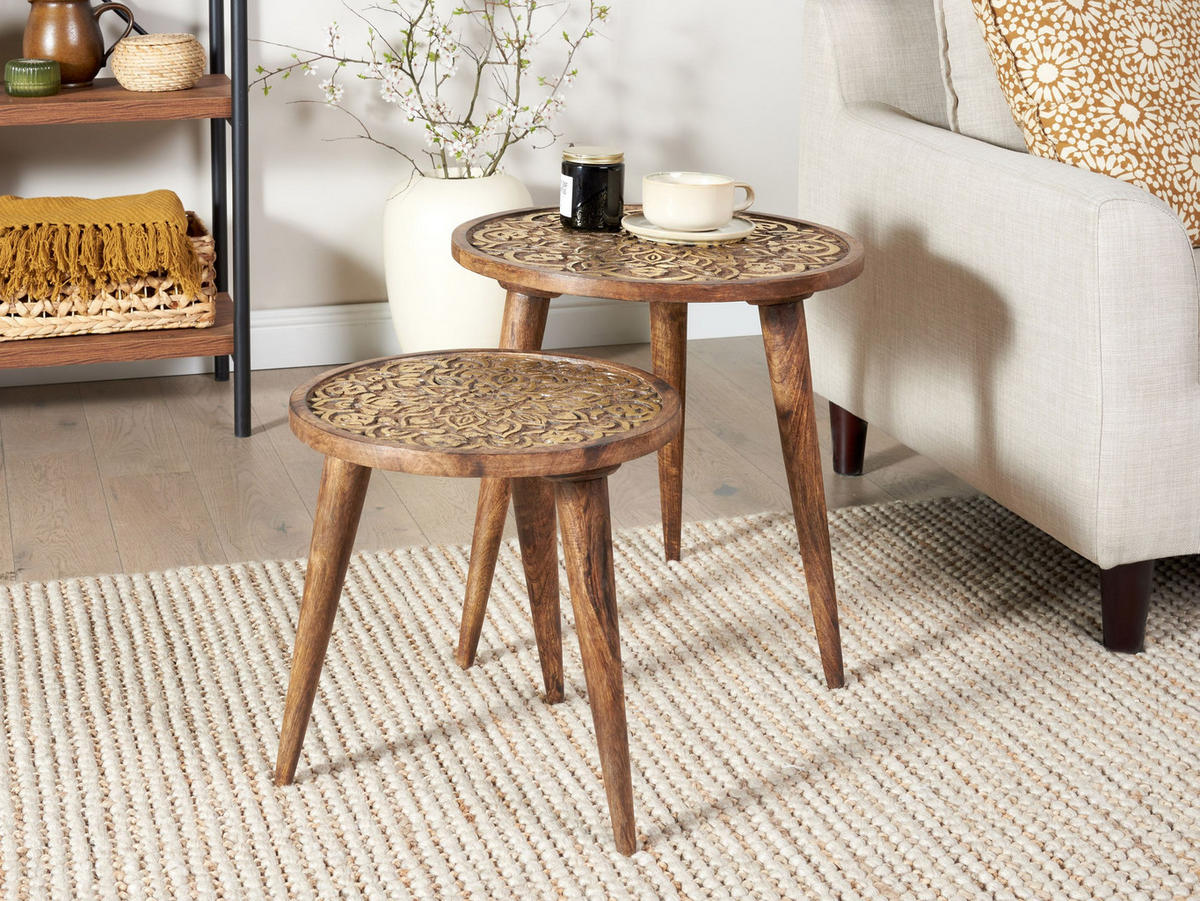 BEISTELLTISCH 2er-Set Mangoholz dunkelbraun/gold rund Ranja - Dunkelbraun/Goldfarben, Holz (37/37/37cm) - Beliani