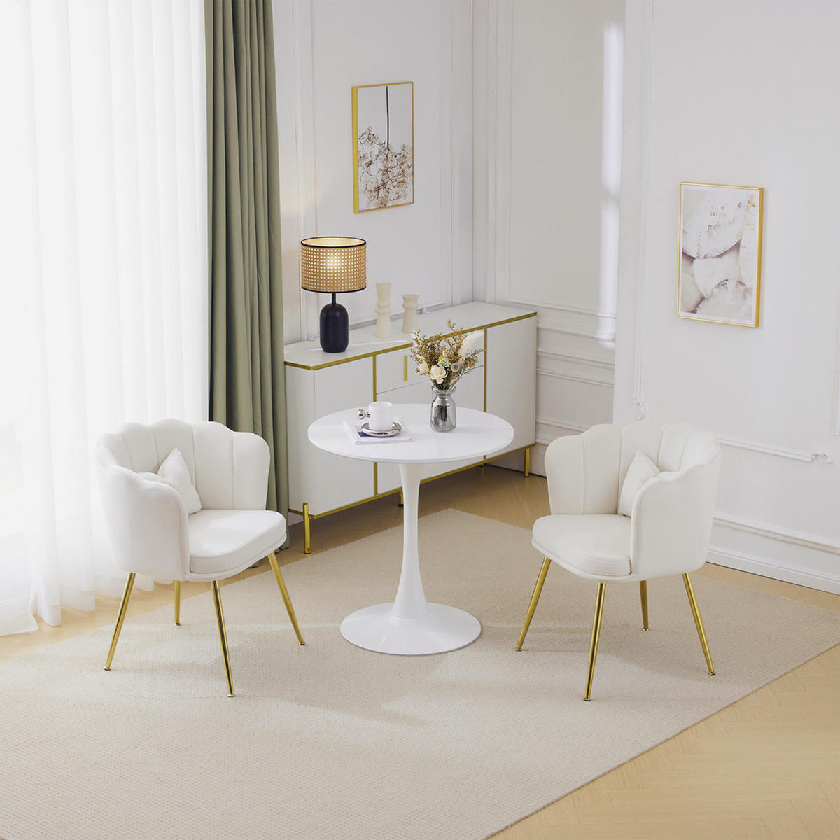 STUHL SET 2-TEILIG Samt Polster Blütenblatt-Rücken Goldfüße & Kissen Beige - Beige, Holz (62/43/54cm) - FLIEKS