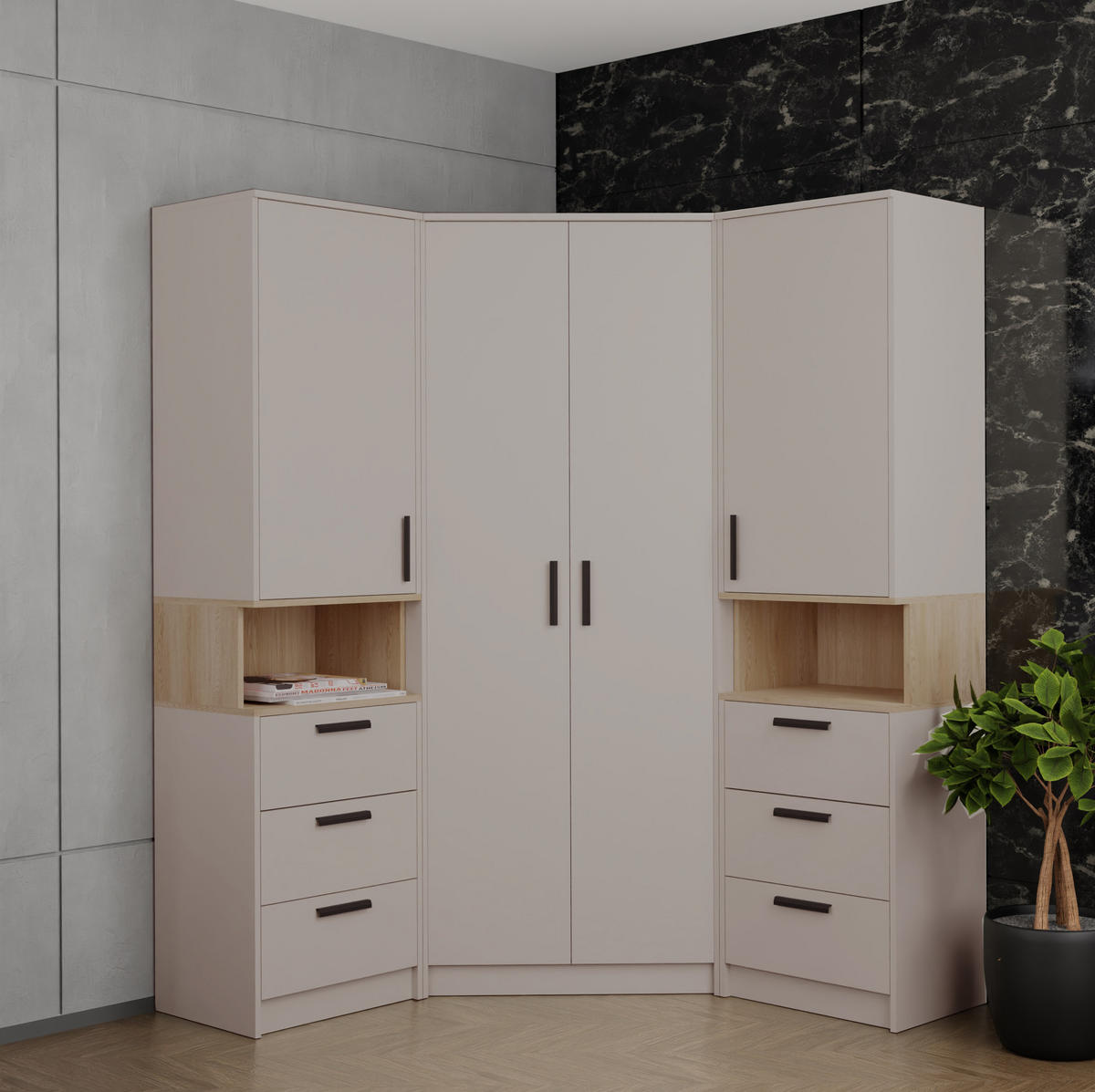 MEHRZWECKSCHRANK GRANT G6/C GRAUBEIGE CASHMERE 52/195/40 - Kaschmir/Schwarz, Glas/Holzwerkstoff (52/195/40cm) - Marmex Möbel