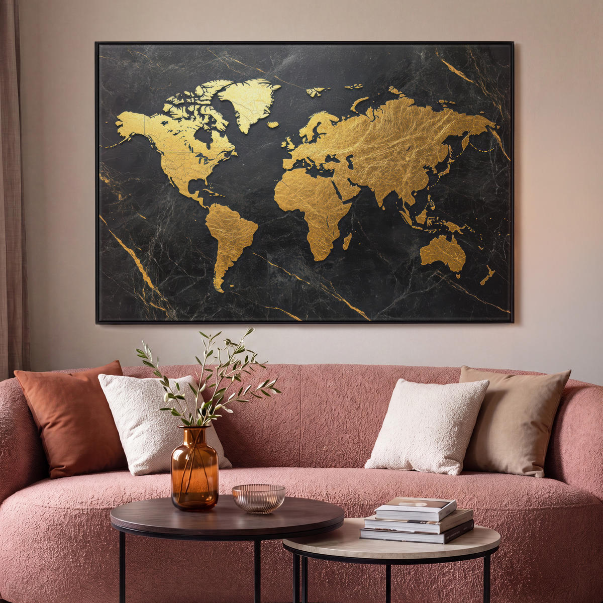 LEINWAND Bilder mit Rahmen - Weltkarte - Gold - Marmor - 150x100 - Goldfarben, Textil (150/100cm) - MuchoWow