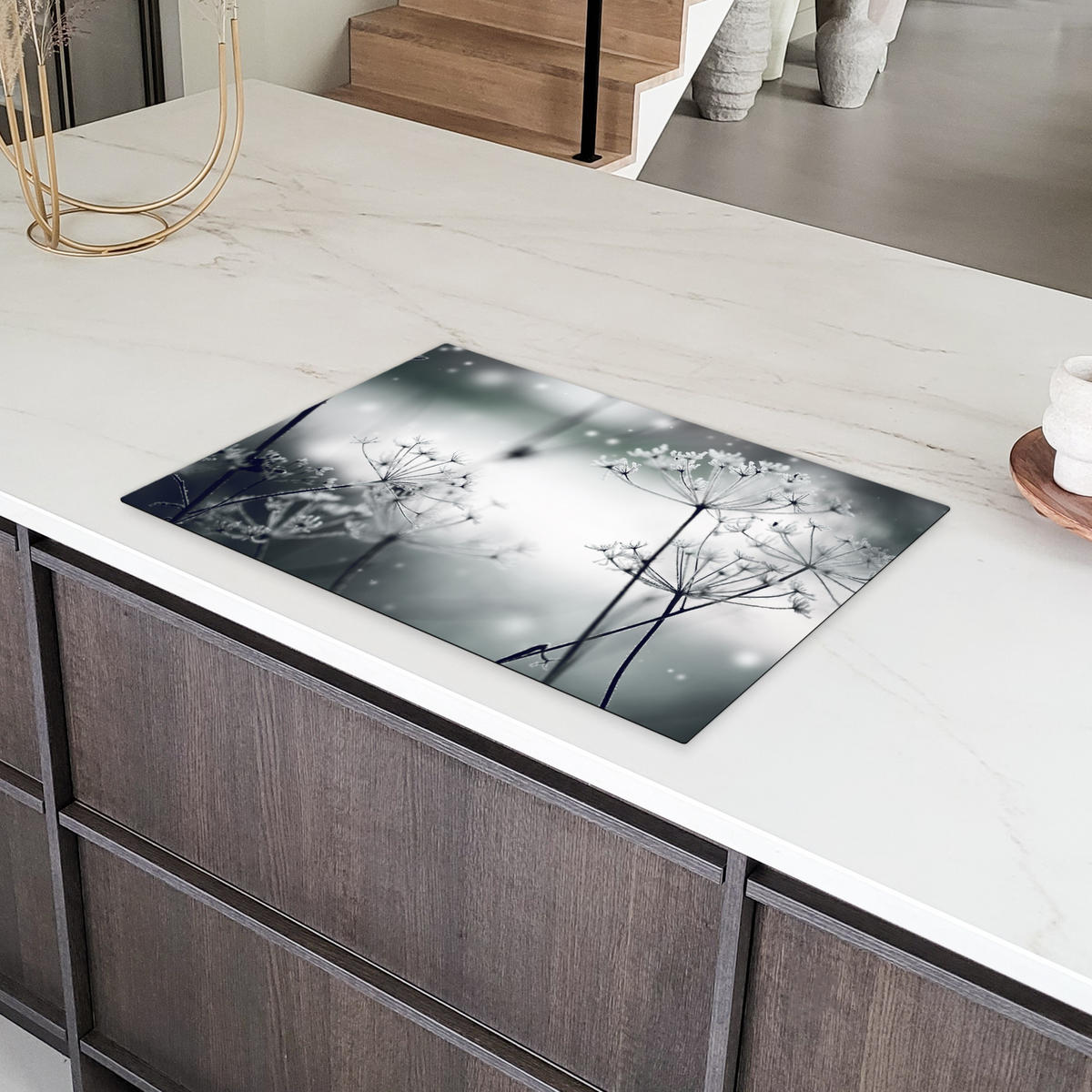 HERDABDECKPLATTE Blumen - Winter - Schnee - Natur Ceranfeldabdeckung 76x51.5 cm - Grau, Kunststoff (76/51.5/0.2cm) - MuchoWow