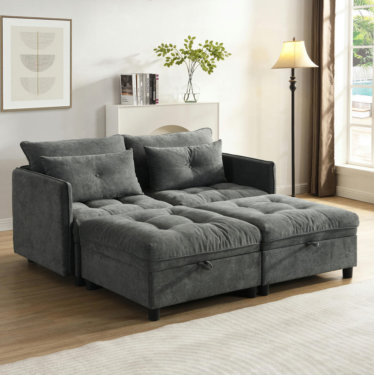 SOFA Modulares 4-Sitzer mit Schlaffunktion und Stauraum Chenille Bezug Antique Gray 360/95/80 cm - Dunkelgrau, Kunststoff (274/87/76cm) - OKWISH