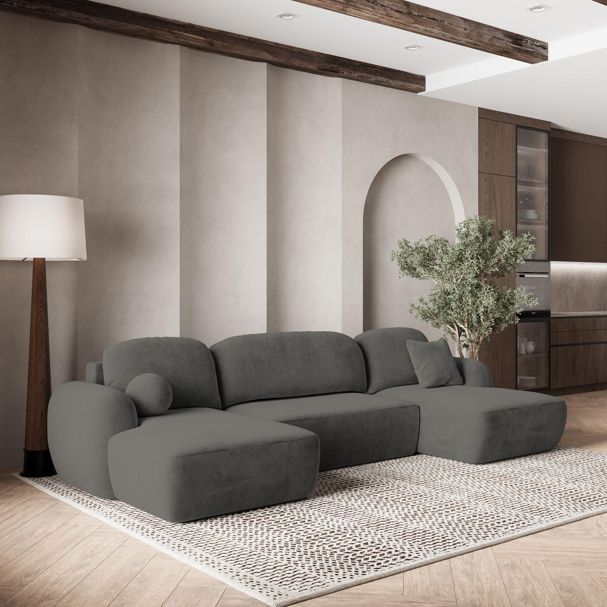 WOHNLANDSCHAFT SAVONA K Grau Plüsch-Stoff mit Schlaffunktion - Grau, Holz (320/90/148cm) - MASSENO