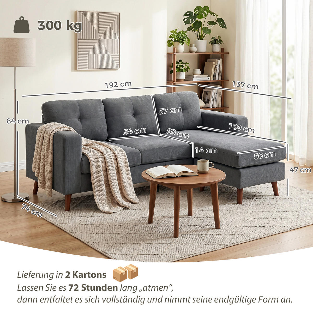 ECKSOFA Polyester Dunkelgrau - Dunkelgrau/Schwarz, Holzwerkstoff/Kunststoff (137/192cm) - HOMCOM