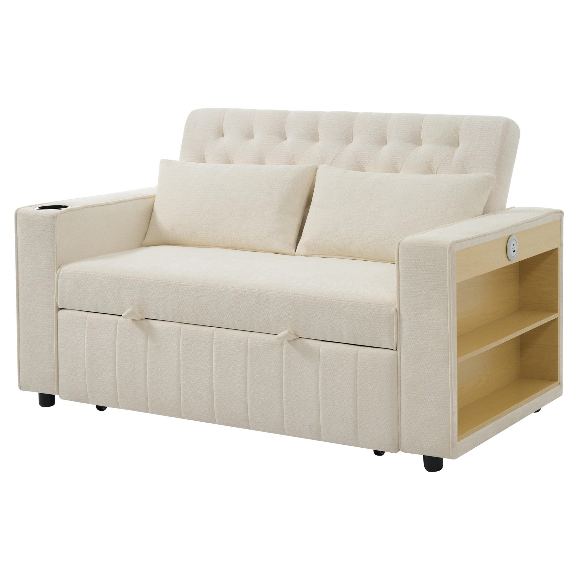 SCHLAFSOFA 140/137 cm Liegefläche in Beige – mit USB und Getränkehalter - Beige, Textil (140/84/137cm) - BEAOK