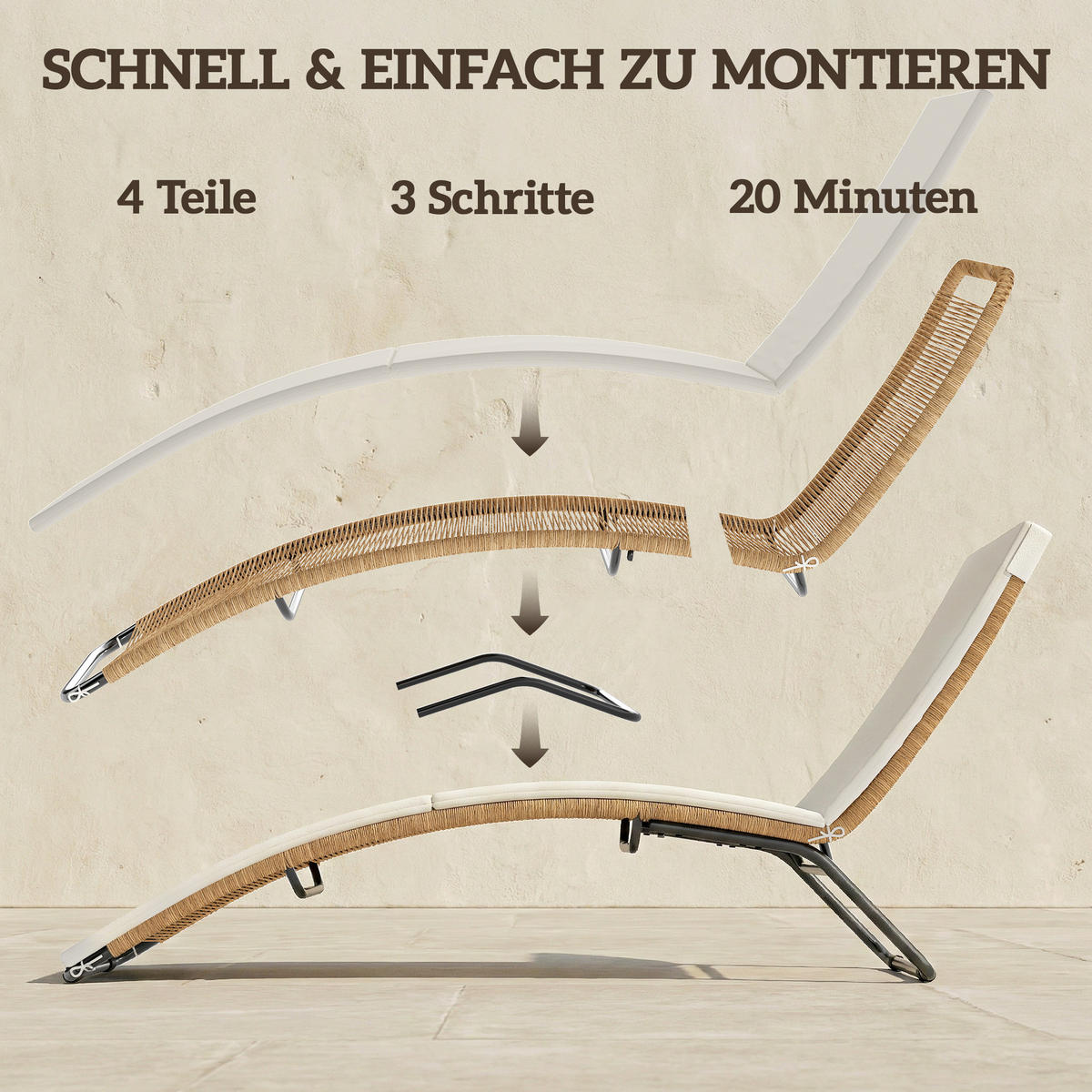 RATTAN-SONNENLIEGE Stahl PE-Rattan Cremeweiß - Creme/Schwarz, Textil/Metall (57/80/175cm) - Outsunny