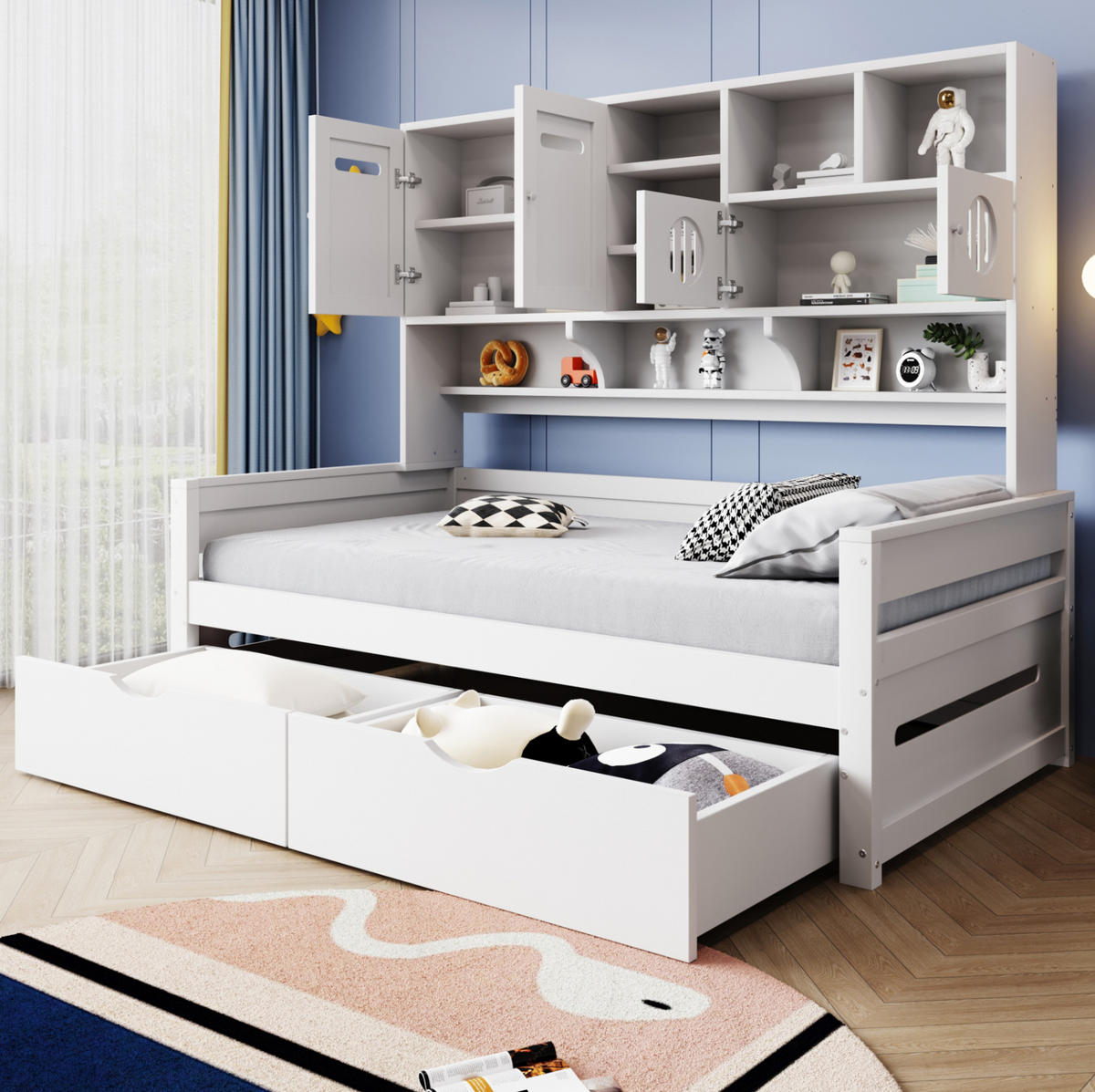 KREVET 90/200 cm s multifunkcionalnim spremištem, 2 velikim ladicama i letvičastim podnicama, Bijela - bijela, drvni materijal (90/200cm) - Redom