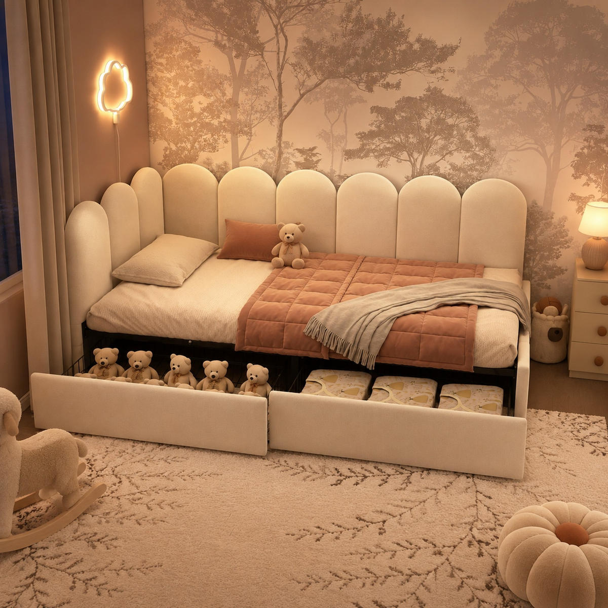 POLSTERBETT 90/200 mit Schubladen und Stauraum in Beige - Beige, Holzwerkstoff/Textil (90/200cm) - EVRYAE