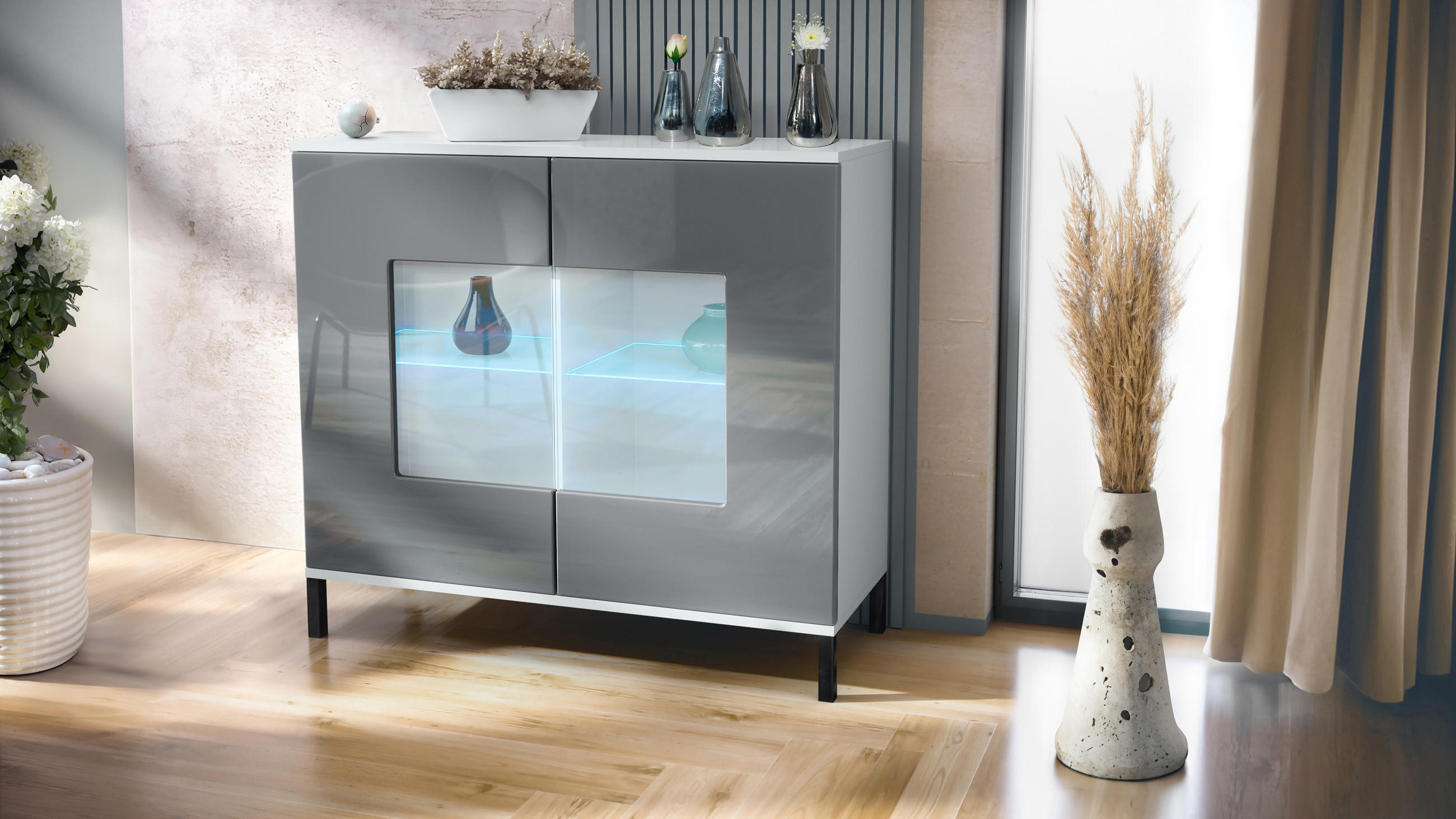 KOMMODE Grömitz Grau Hochglanz - Grau, Holzwerkstoff (92.5/83.5/35cm) - Vladon
