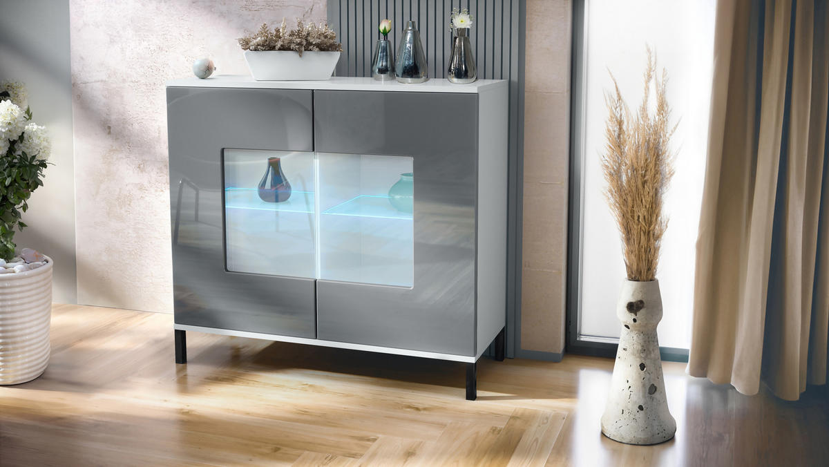 KOMMODE Grömitz Grau Hochglanz - Grau, Holzwerkstoff (92.5/83.5/35cm) - Vladon