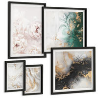 BILDER SET 5er Set - 50x50 cm & 20x30 cm & 40x60 cm Schwarzer Rahmen - Abstrakte Muster weiß schwarz grün - Schwarz, Kunststoff (40/60cm) - TULUP