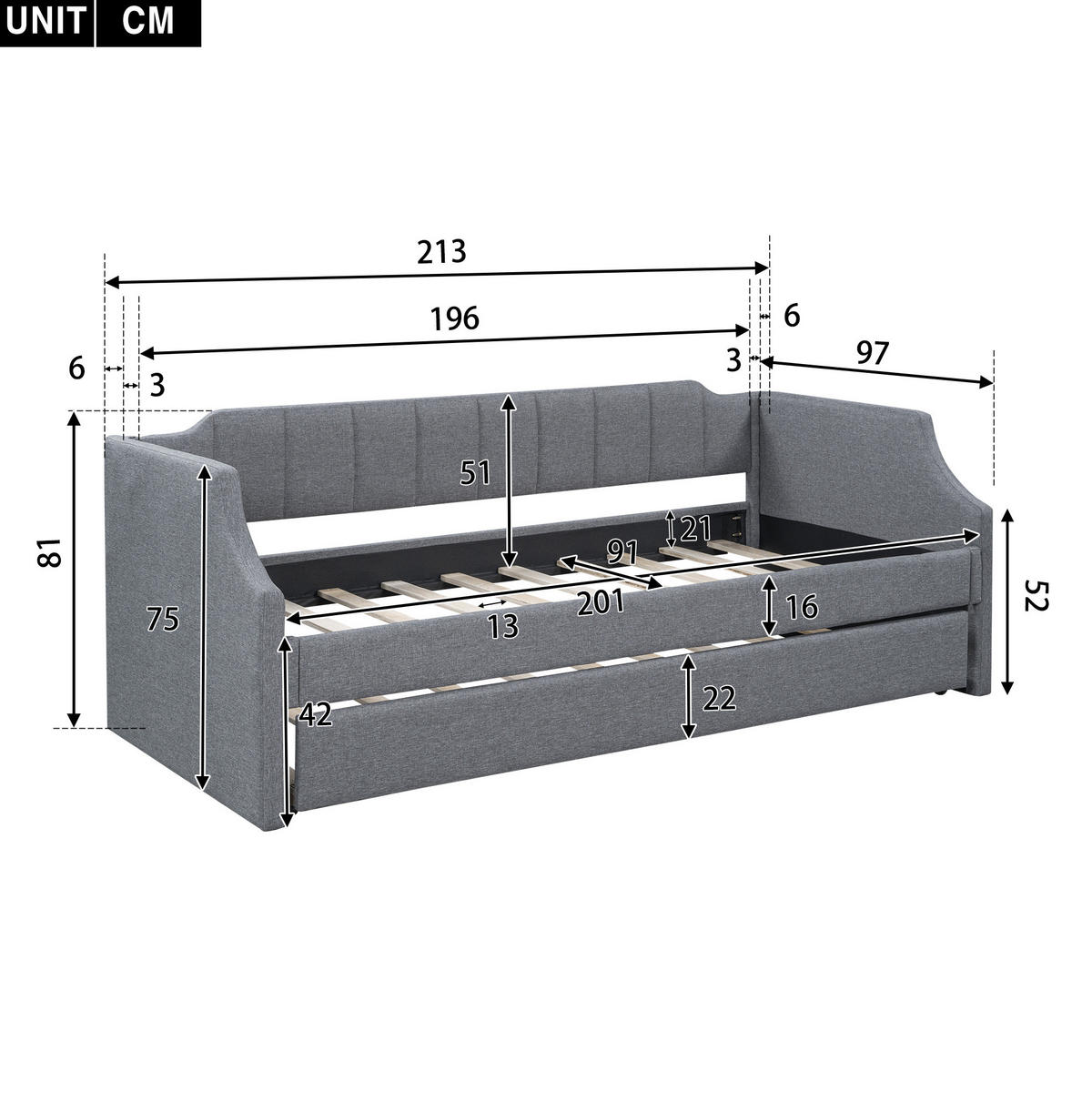 POLSTERBETT 90/200 cm mit Rollbett und gepolstertem Kopfteil, Grau - Grau, Textil (90/200cm) - BEAOK