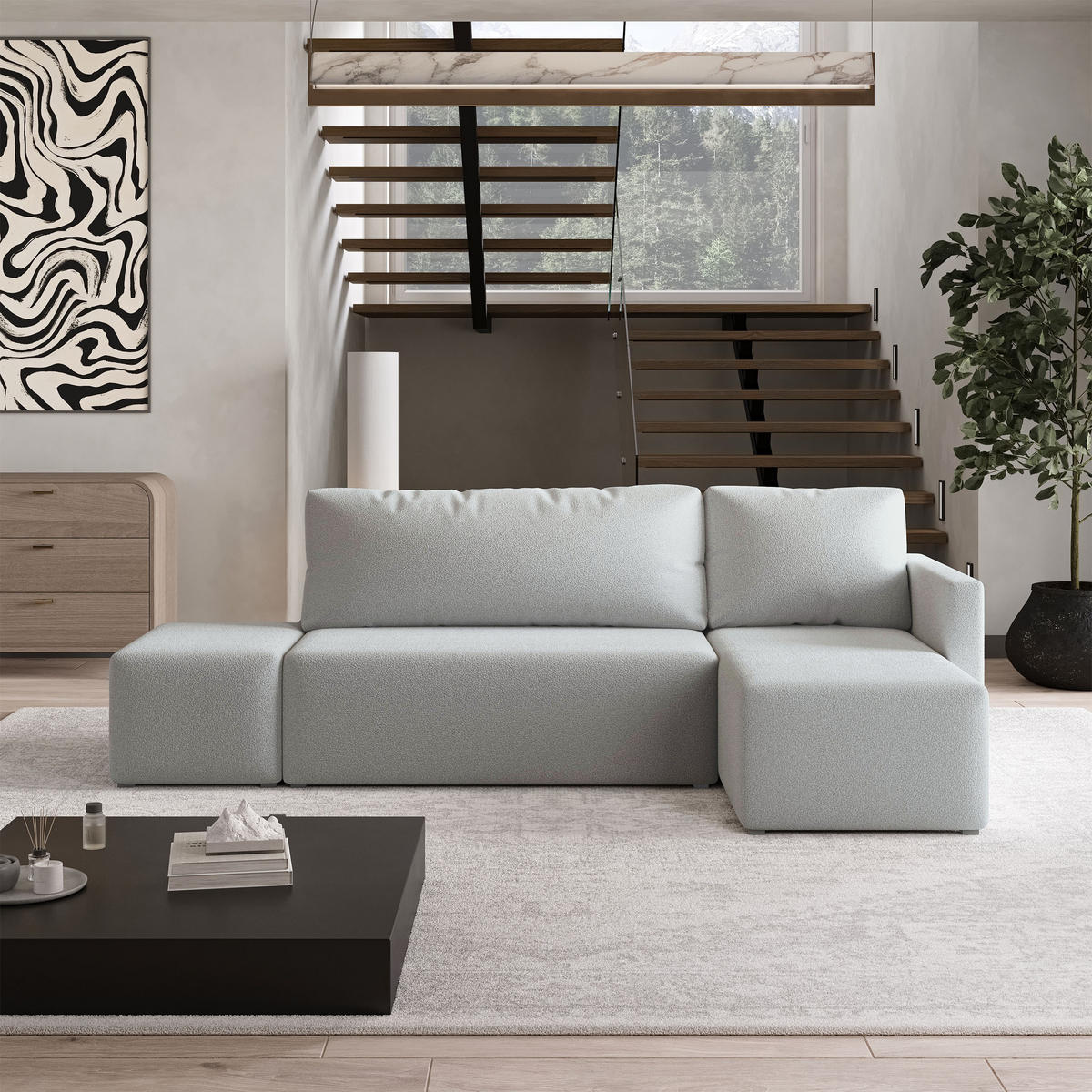 ECKSOFA VELOTTI R-S Hellgrau Boucle-Stoff mit Schlaffunktion - Hellgrau, Holz (261/143cm) - MASSENO