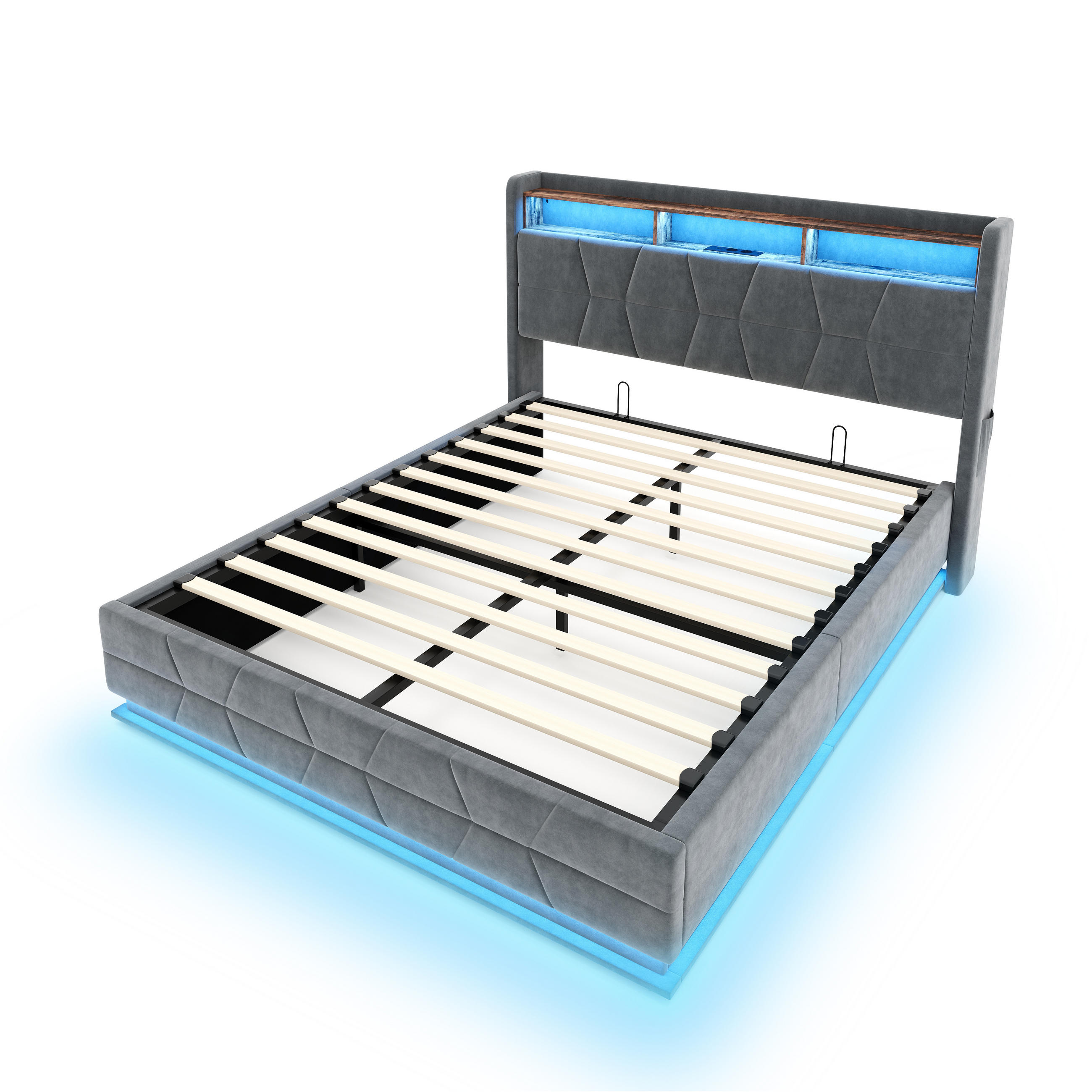 POLSTERBETT aus Velvet 160x200 cm in Dunkelgrau mit LED & USB/Type-C - Dunkelgrau, Textil (160/200cm) - Modfu