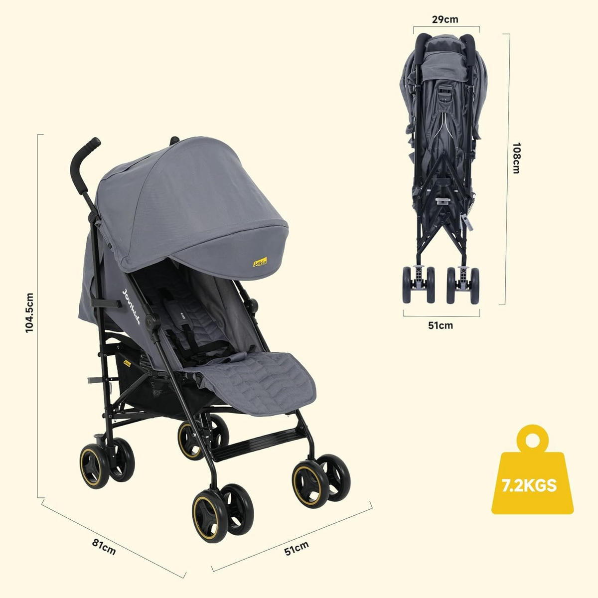 BUGGY Reisebuggy-Kompaktmodell mit Liegefunktion und Regenverdeck bis 22kg Grau - Grau, Metall (51/81/104.5cm) - Raelunyi
