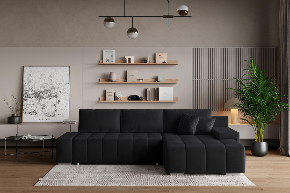 ECKSOFA ALESE R-S Schwarz Velours-Stoff mit Schlaffunktion - Schwarz, Holz (265/185cm) - MASSENO