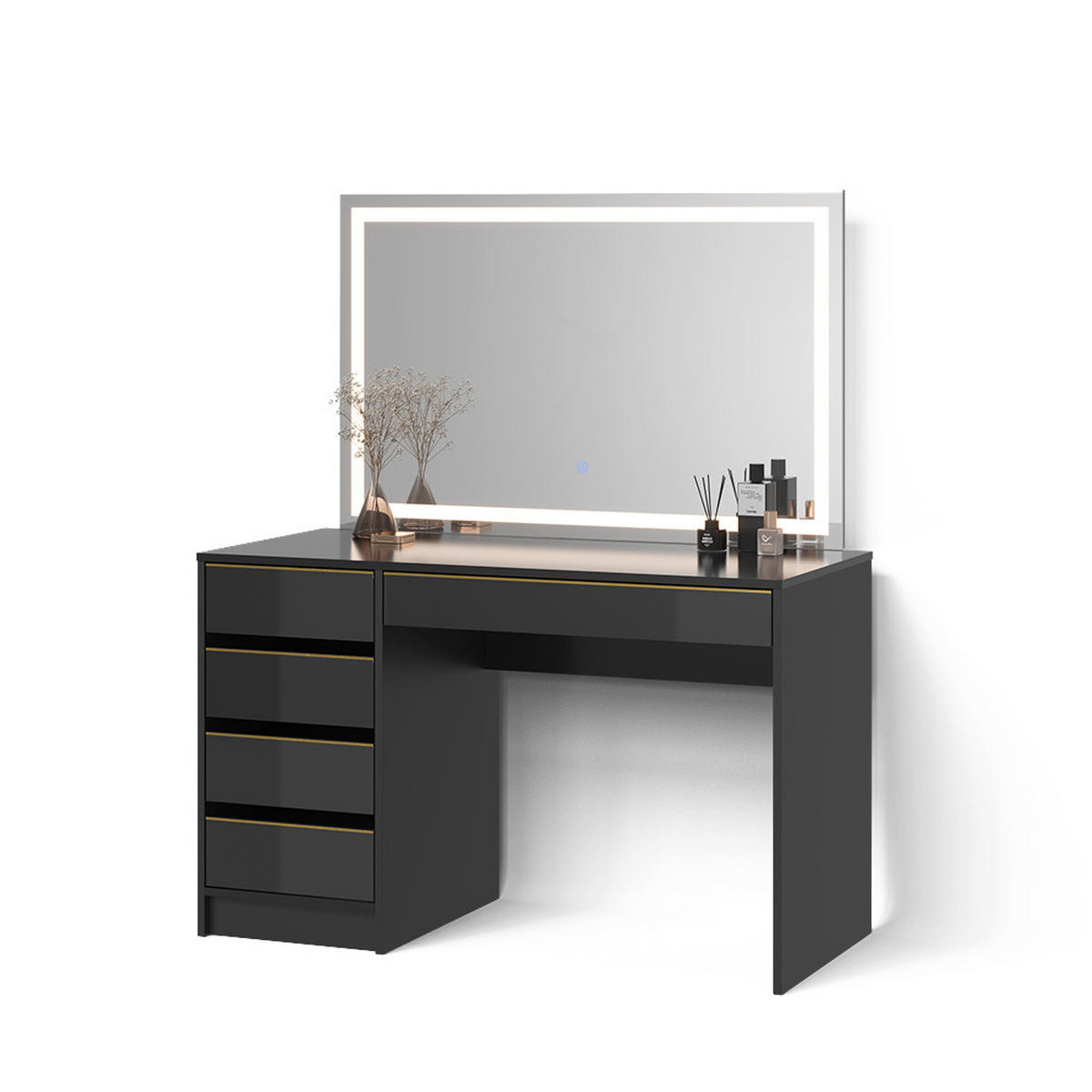 SCHMINKTISCH Imola Schwarz/Gold 120 cm mit LED-Spiegel - Goldfarben/Schwarz, Holzwerkstoff (120/75/55cm) - Livinity®