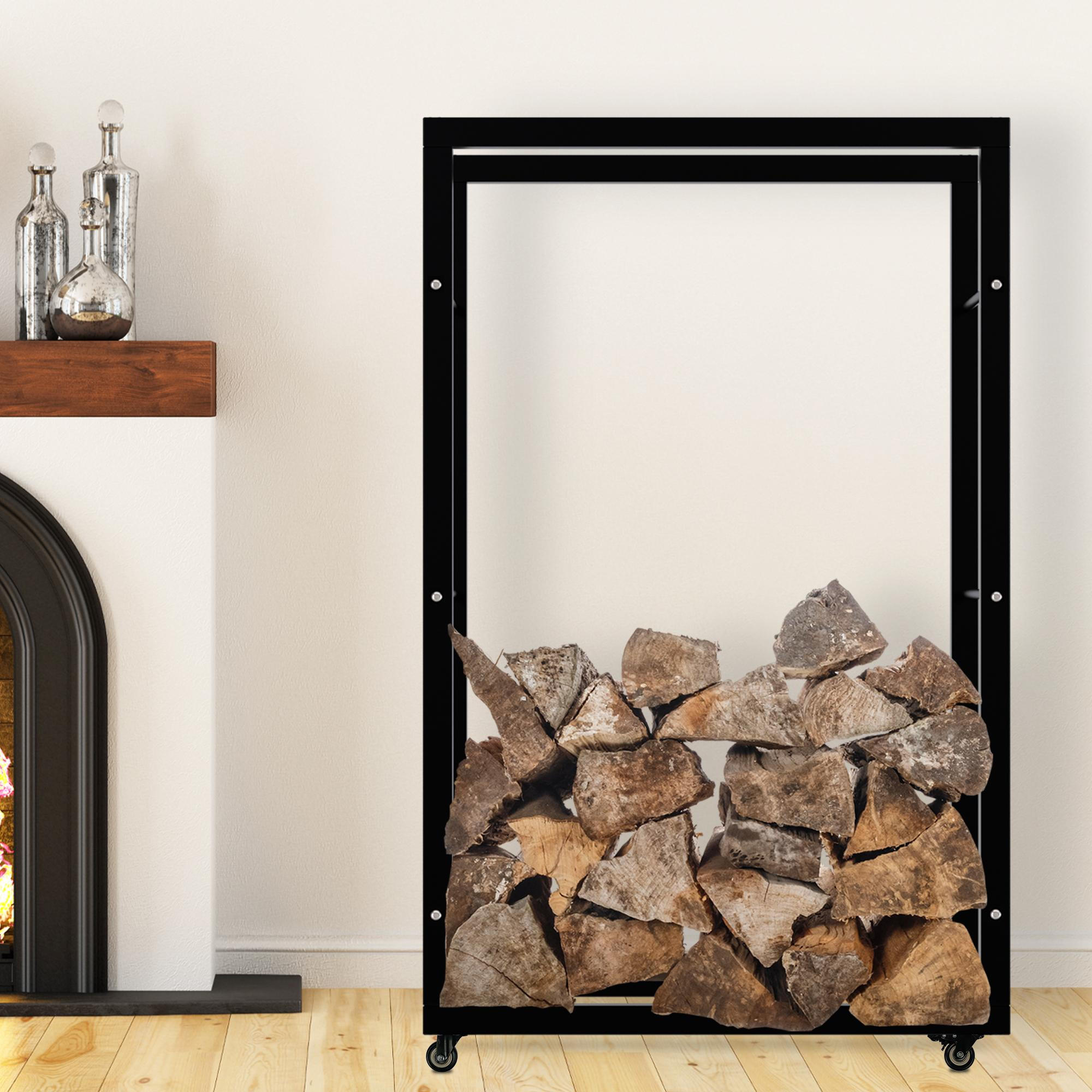 KAMINHOLZREGAL innen Metall SATLO Kaminholzständer mit Rollen Schwarz 25x80x125 cm - Schwarz, Metall (80/125/25cm) - DELUKE