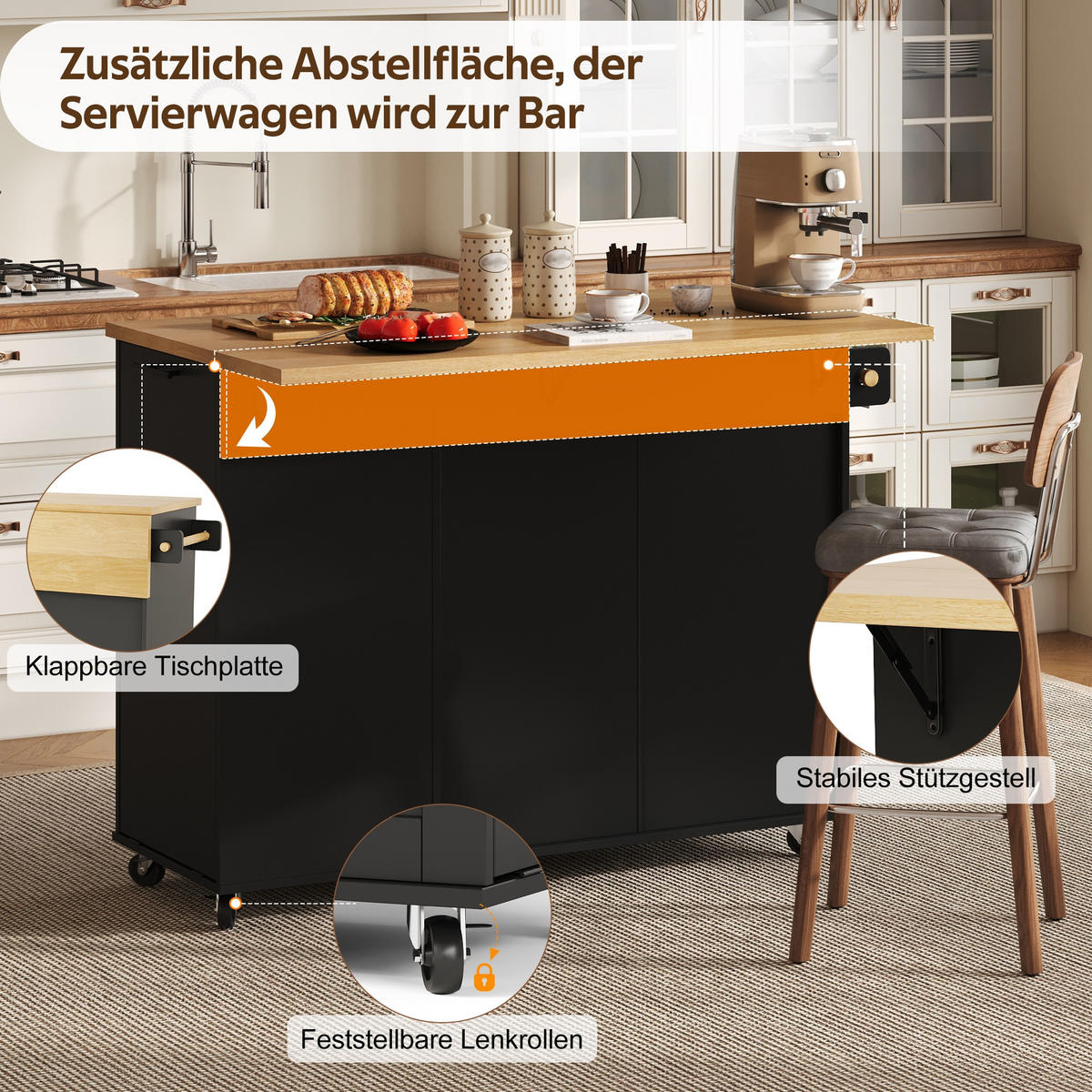 KÜCHENINSEL auf Rollen 130/45/93.3 cm Black mit klappbarer Arbeitsplatte, 1 Schublade und Mülleimerschrank - Schwarz, Holz/Holzwerkstoff (70/93/130cm) - Oxeza