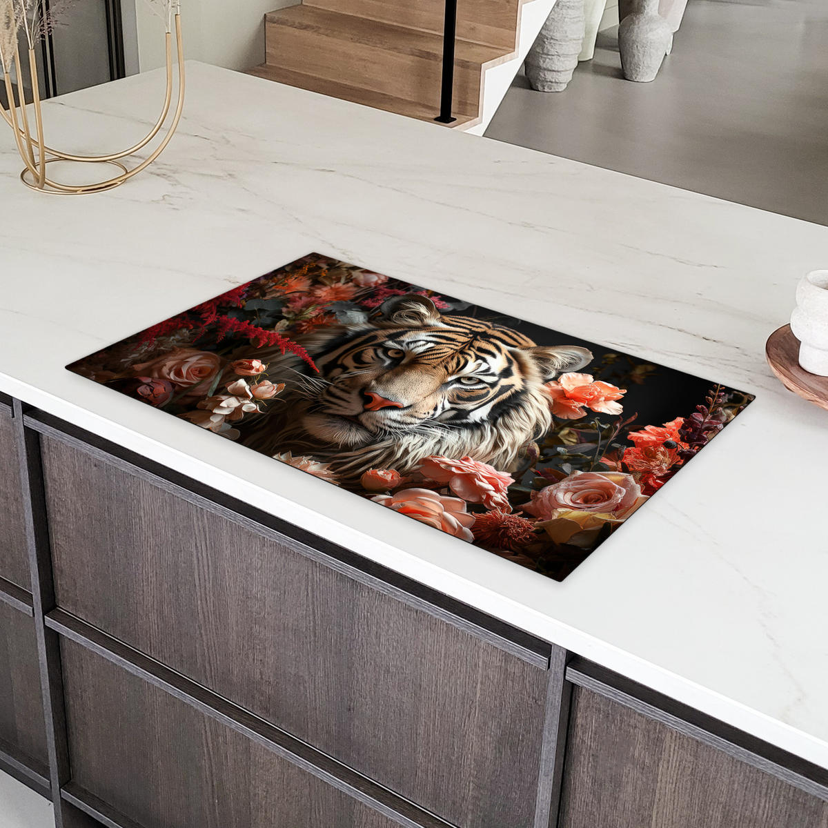 HERDABDECKPLATTE Tiger - Tier - Natur - Floral - Botanisch 90x52 cm - Orange, Kunststoff (90/0.2/52cm) - MuchoWow