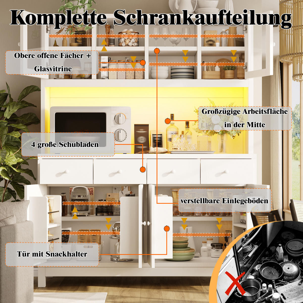 BUFFETSCHRANK aus MDF 140x38,5x180 cm Weiß mit RGB-LED, Glastüren, 4 Schubladen und Stauraum - Weiß, Holzwerkstoff (140/180/38.5cm) - IVMEU