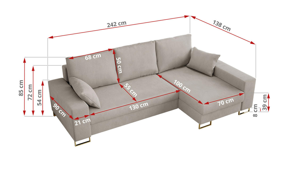 ECKSOFA Dorian Velvet Beige - Ecru/Goldfarben, Textil/Metall (242/138cm) - MKS