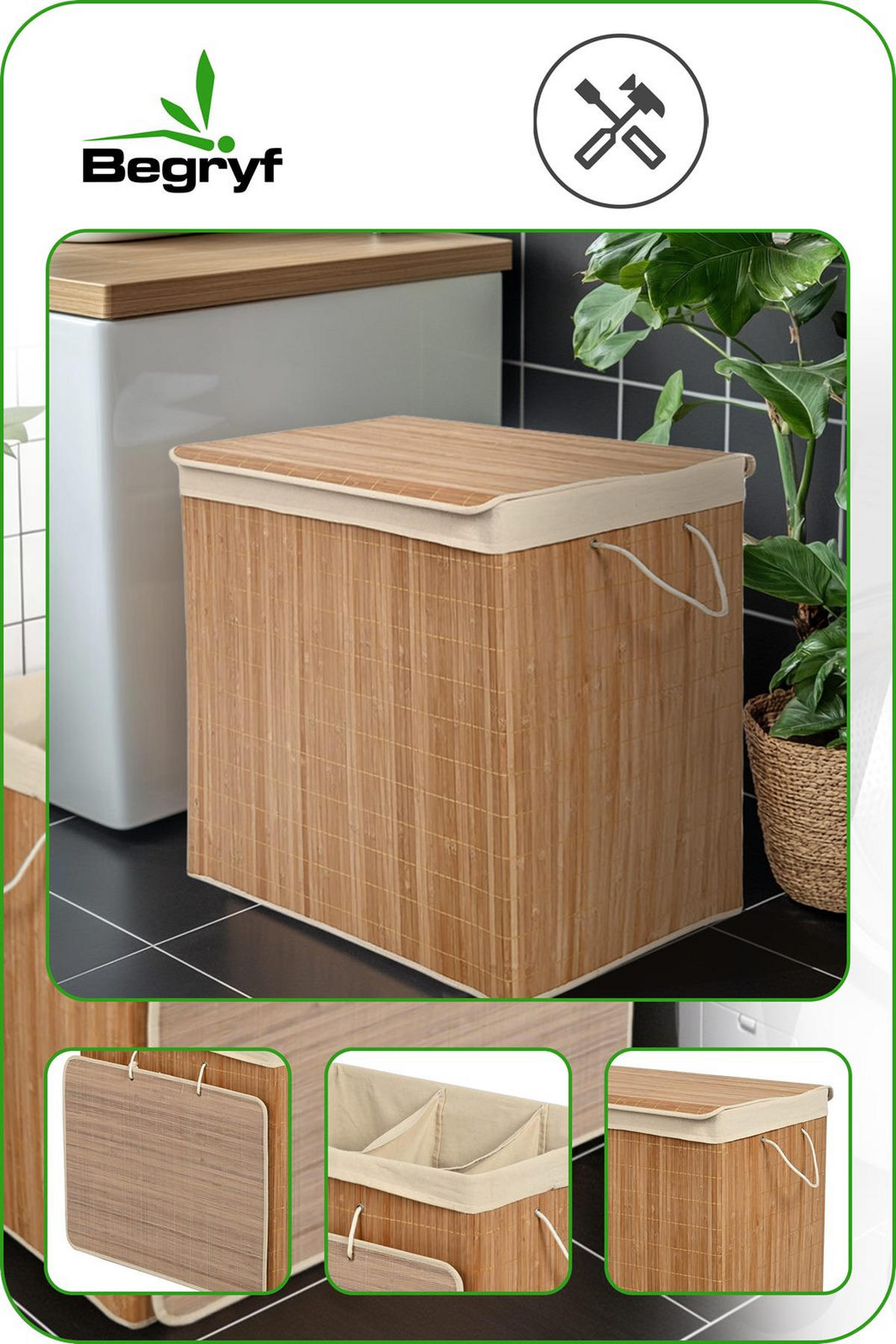 WÄSCHEKORB Bambus Textil Naturfarben Beige 3-Fächer 60x40x61,5 cm - Beige/Naturfarben, Holz/Textil (60/61.5/40cm) - Begryf