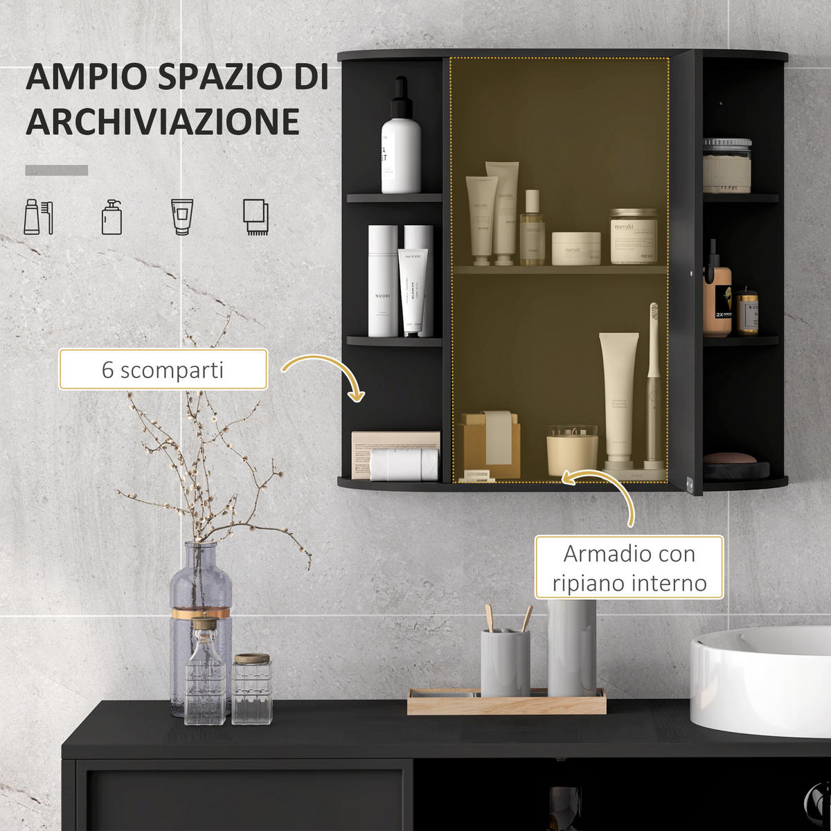 SPIEGELSCHRANK Spiegelschrank mit 6 offenen und 2 geschlossenen Ablagen,66 x 17 x 63 cm ,Schwarz - Schwarz, Glas (66/63/17cm) - Vallsero