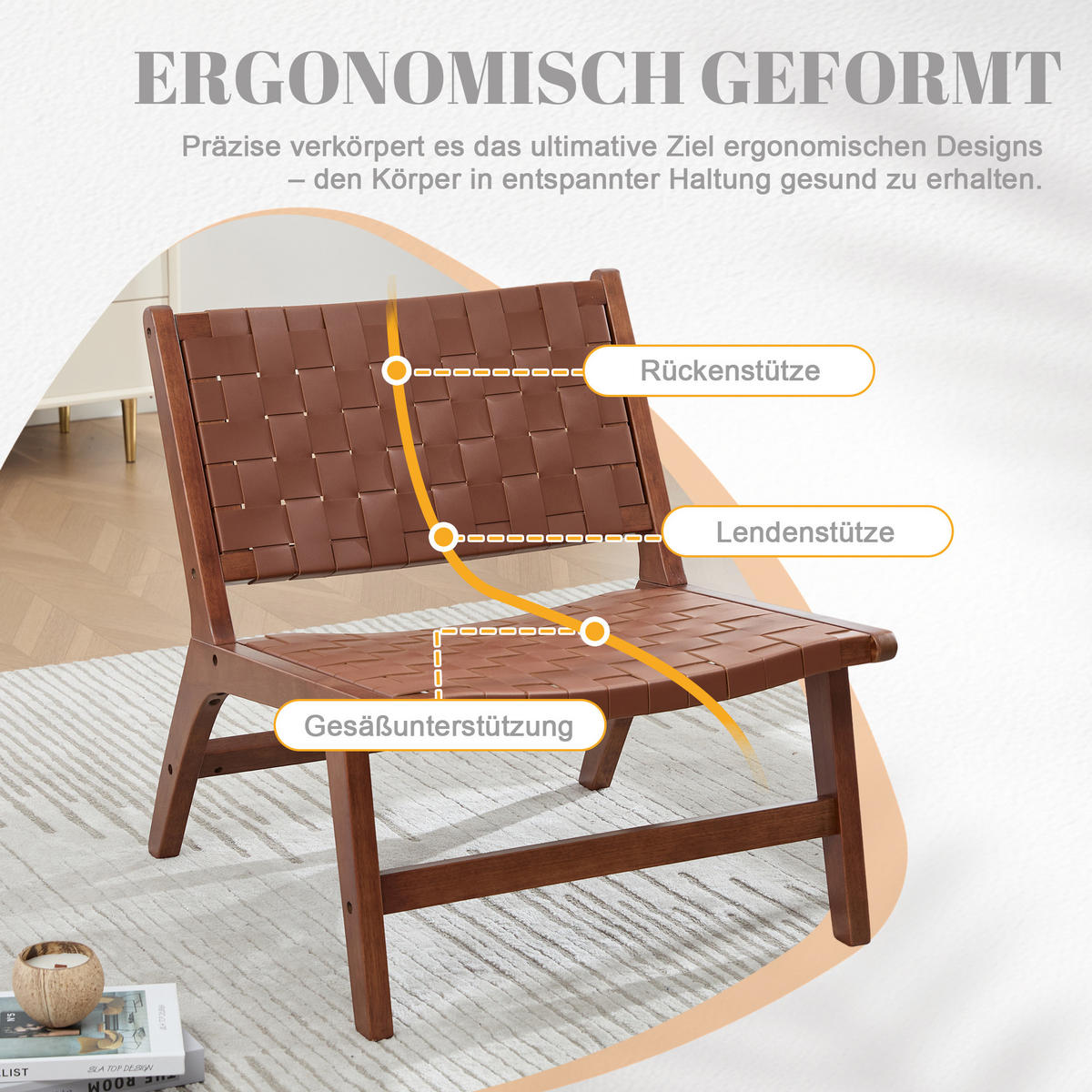 RELAXSESSEL mit Holzgestell, Kunstleder Flechtwerk, Breite Sitzfläche, Braun - Braun, Holz (66/72/71cm) - LVHOM