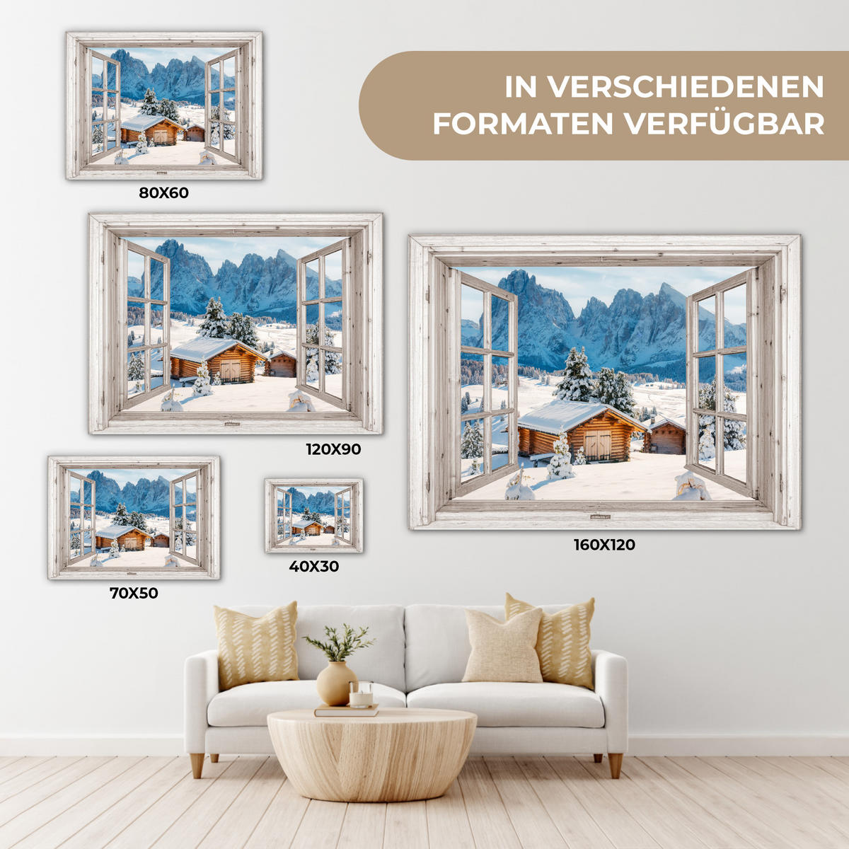 LEINWANDBILD Winterlandschaft - Hütte - Berge - Ausblicke - Aussicht - Natur 40x30 cm - Weiß Hochglanz, Textil (40/30cm) - MuchoWow