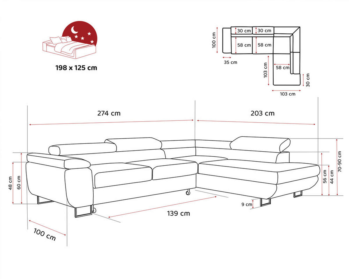 ECKSOFA ANTON mit Schlaffunktion und Bettkasten Grau - Grau, Holzwerkstoff/Kunststoff (274/203cm) - Idohome