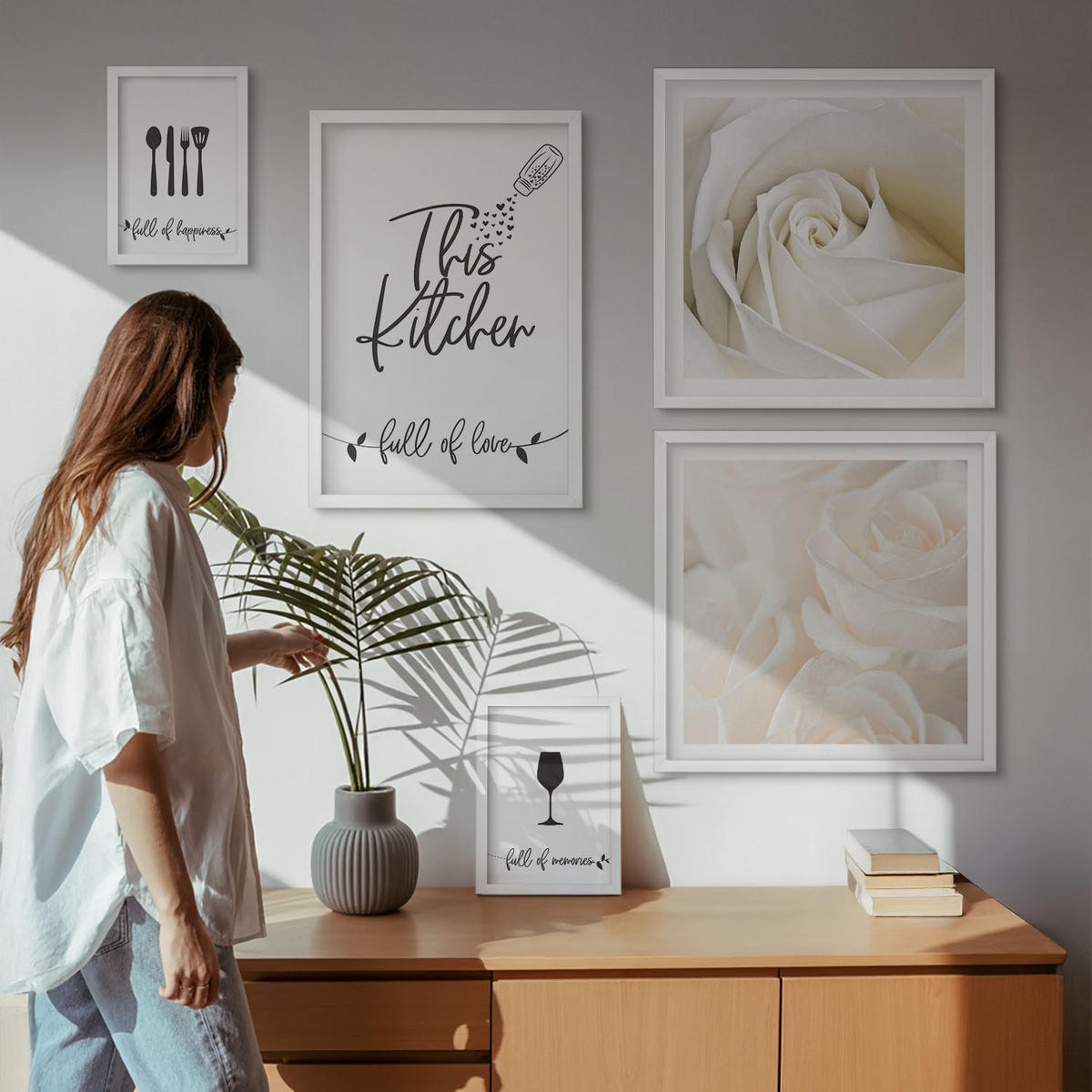 WANDBILDER 5er-Set - 50x50 cm & 20x30 cm & 40x60 cm Weißer Rahmen - Geometrische Muster im Bauhaus-Stil - Weiß, Kunststoff (40/60cm) - ArtPrintCave