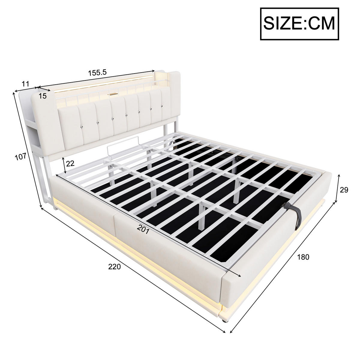 POLSTERBETT 180/200 cm Beige mit LED-Beleuchtung und Stauraum Samtbezug - Beige, Textil (180/200cm) - OKWISH