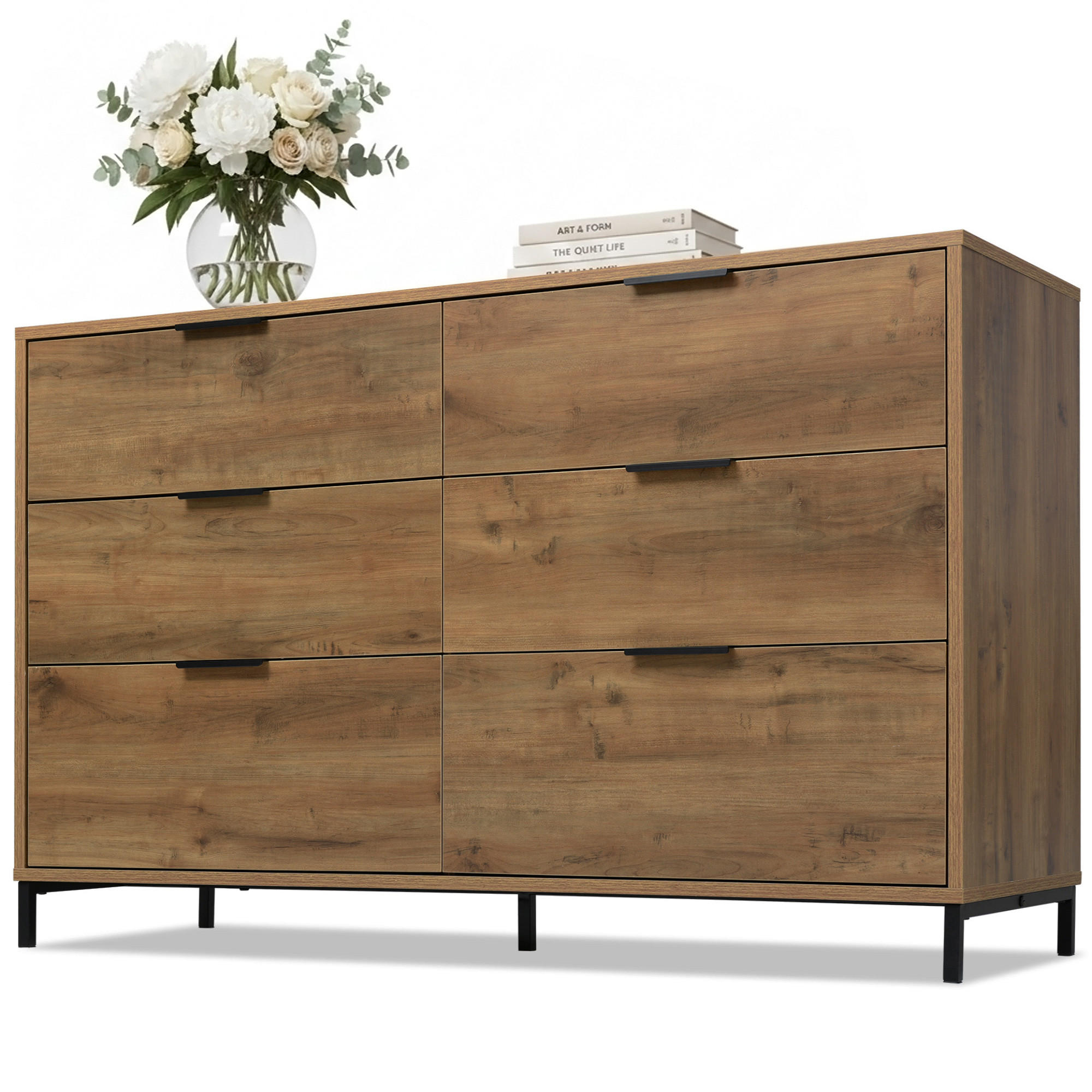 KOMMODE in Dunkle Eichefarben Sideboard mit 6 Schubladen für Schlafzimmer und alle Wohnräume, B120/T40/H76 cm - Eichefarben/Schwarz, Holzwerkstoff/Metall (120/76/40cm) - STILVORA