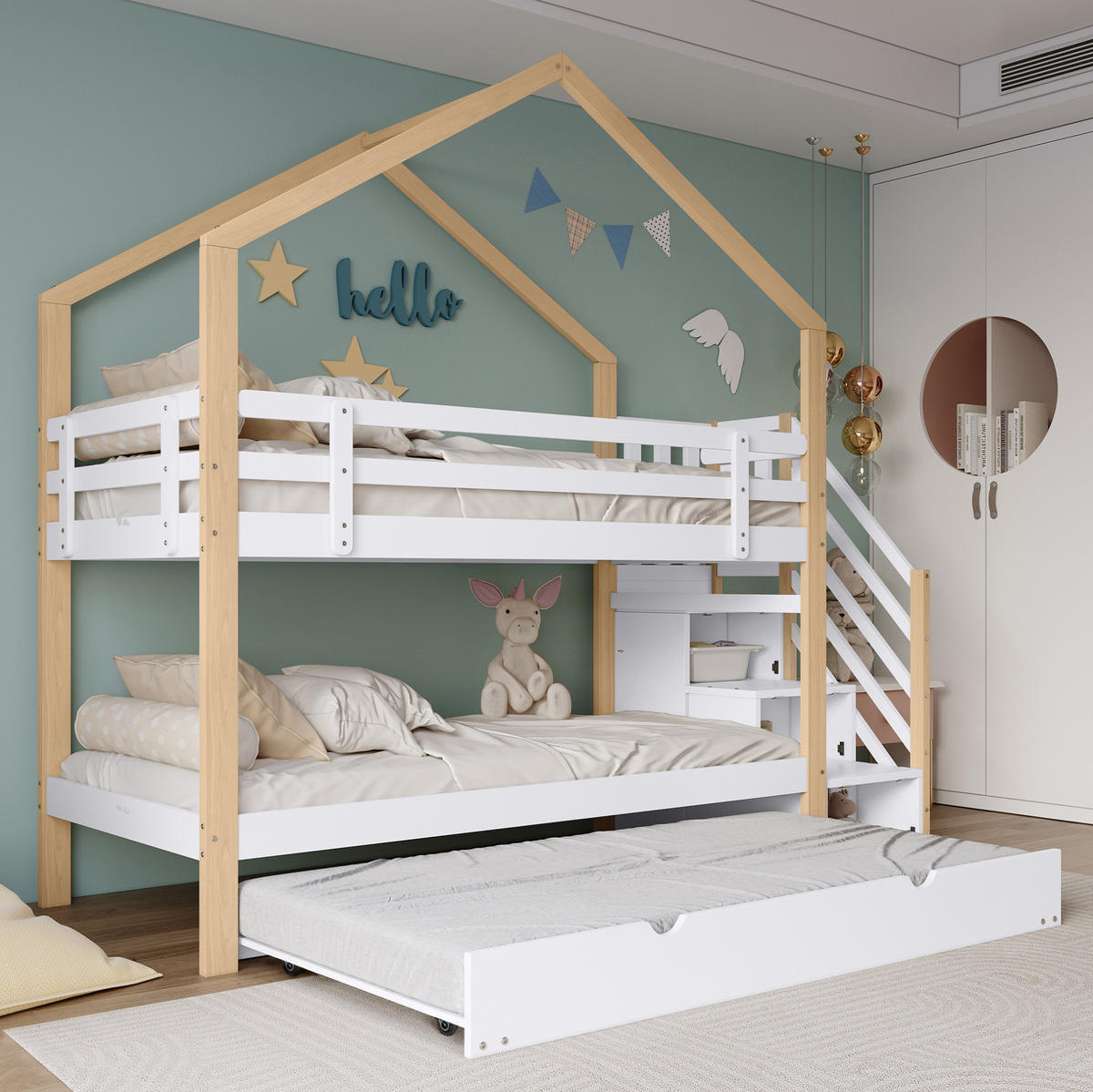 HAUSBETT 90/200 cm mit Ausziehbett 90/190 cm, Natur/Weiß, mit Treppe und Stauraum - Weiß, Holz (90/200cm) - Flora Grace