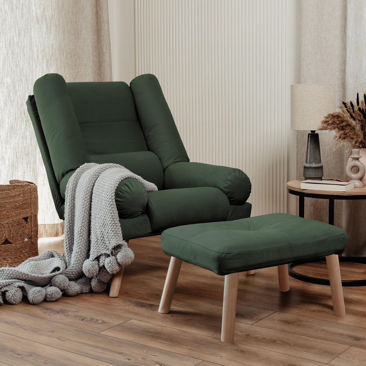 RELAXSESSEL LILA mit hocker, 75/75/100 cm, Grün - Grün, Holz/Textil (75/100/75cm) - Idohome