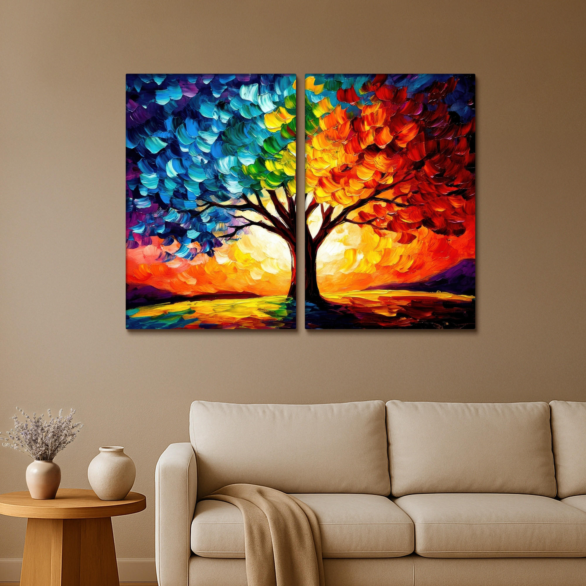 LEINWANDBILD 2er Set Baum - Farbenfroh - Malerei-Look - Abstrakt 160x120 cm - Multicolor, Textil (160/120cm) - MuchoWow
