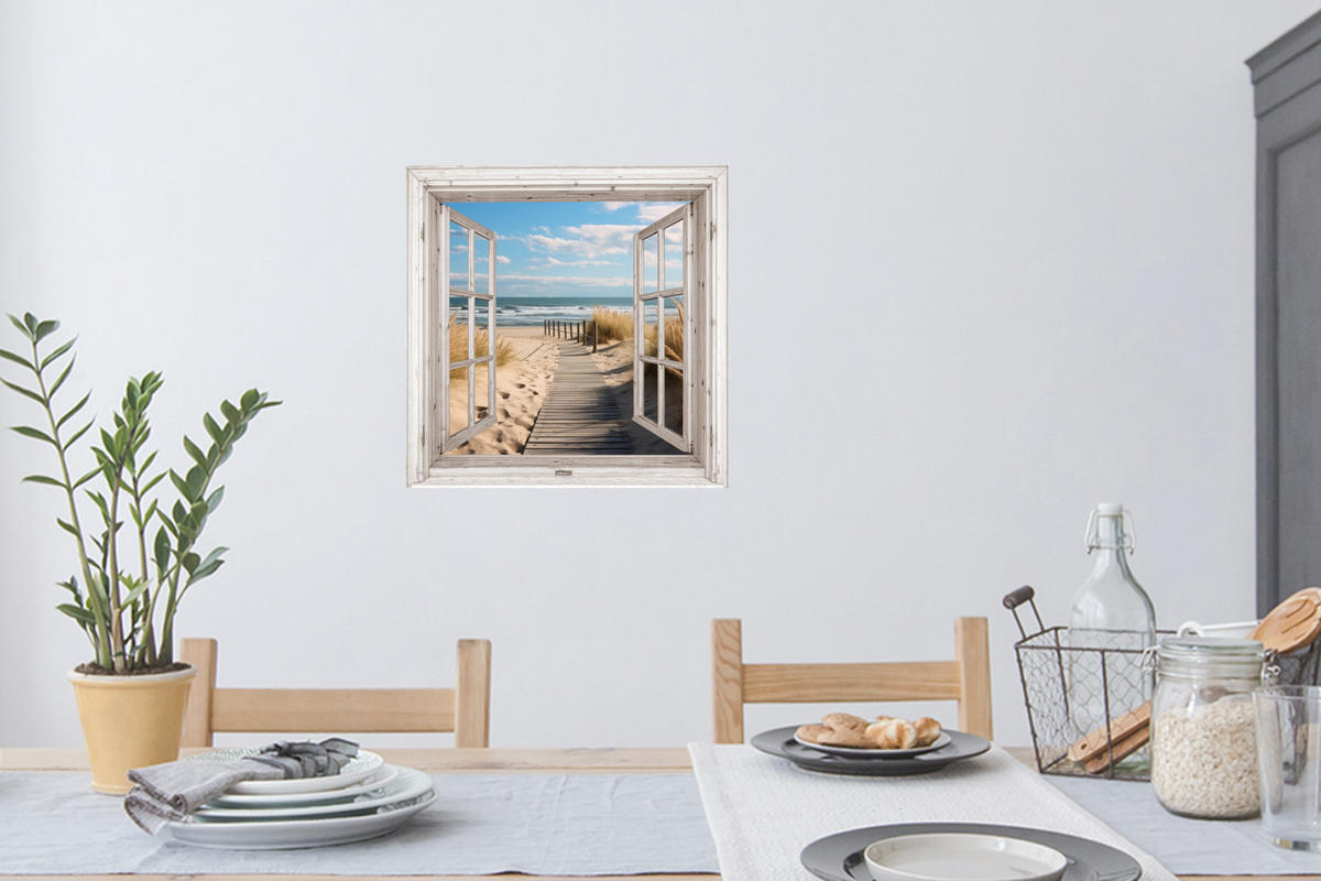 WANDTATTOO Fenster - Meer - Küste - Natur - Ausblick - Strand - Wattenmeer 50x50 cm - Beige, Kunststoff (50/50/0.1cm) - MuchoWow