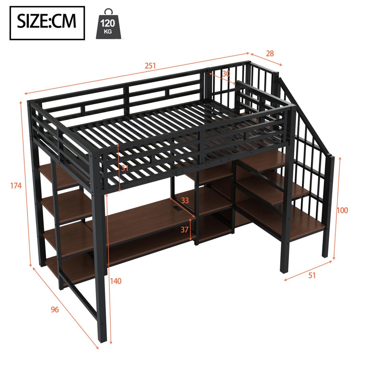 HOCHBETT 90/200 cm Schwarz aus Metall mit TV-Ständer und Steckdose - Schwarz, Metall (90/200cm) - OKMYHOME