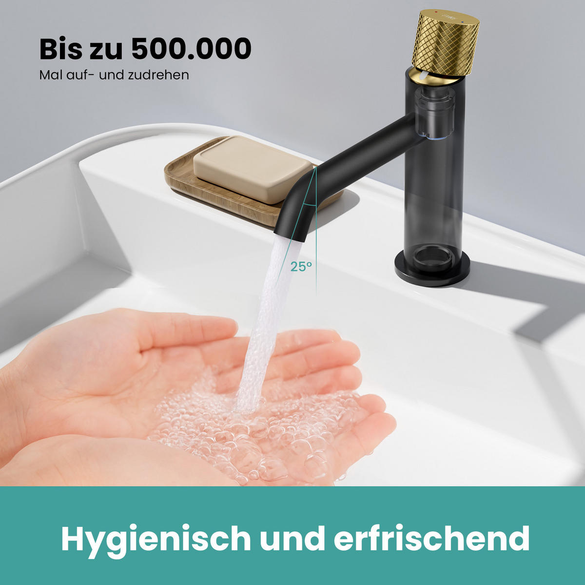 WASCHTISCHARMATUR DVGW-zertifiziertes Zulaufrohr Gerändelter Messinggriff - Schwarz, Metall (16.6/5/18.1cm) - EMKE