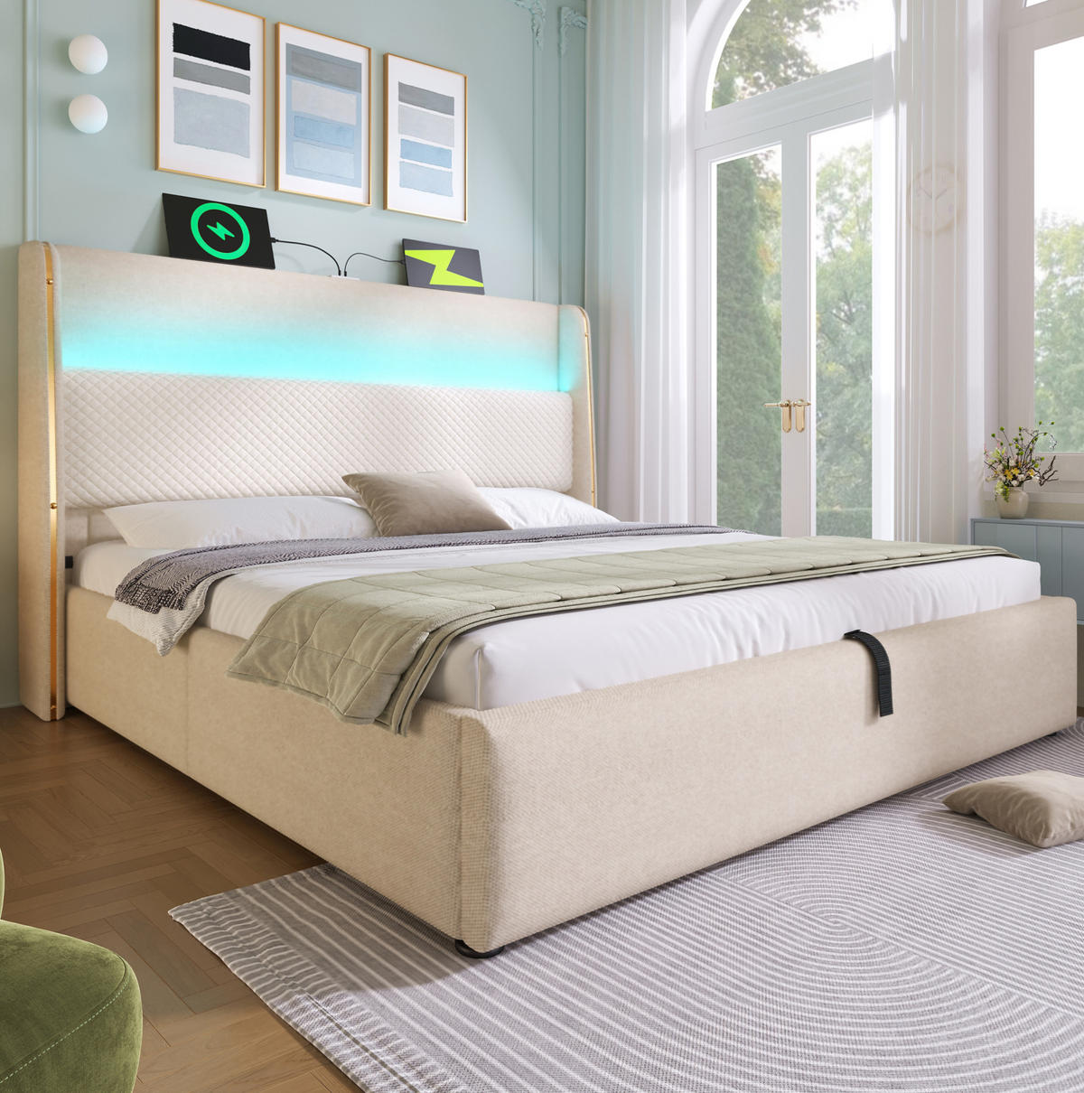 ČALÚNENÁ posteľ z ľanu 180x200 cm béžová s LED osvetlením, USB a Type-C, hydraulickým úložným priestorom - béžová, textil (180/200cm) - Modfu