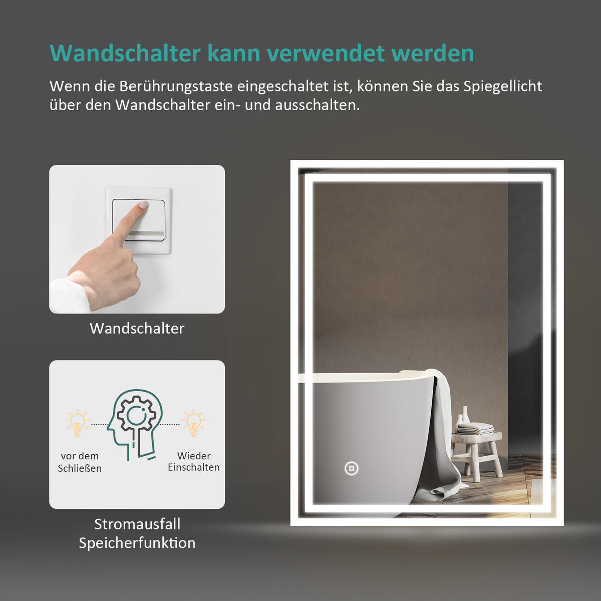 BADSPIEGEL mit Touch-Bedienung 70/50/3,5 cm - Weiß, Glas (50/3.5/70cm) - EMKE