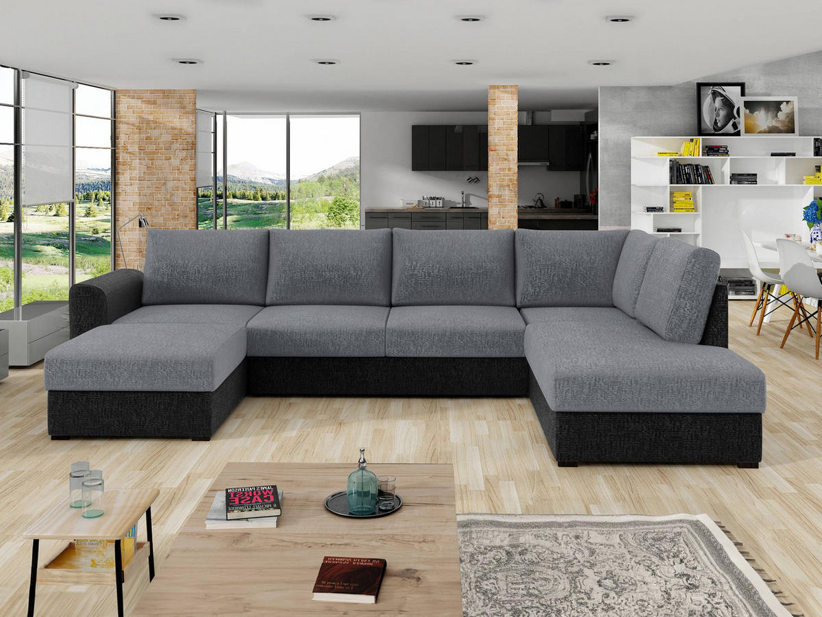 WOHNLANDSCHAFT Wilma Premium, Seite: Rechts - Greige/Schwarz, Holz/Textil (305/85/188cm) - MIRJAN24