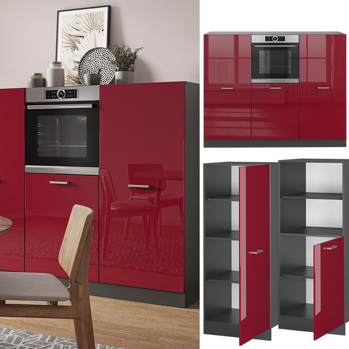 KÜCHENBLOCK R-Line Rot Hochglanz/Anthrazit 180 cm ohne Arbeitsplatte - Anthrazit/Rot, Holzwerkstoff (180/143/46cm) - Vicco