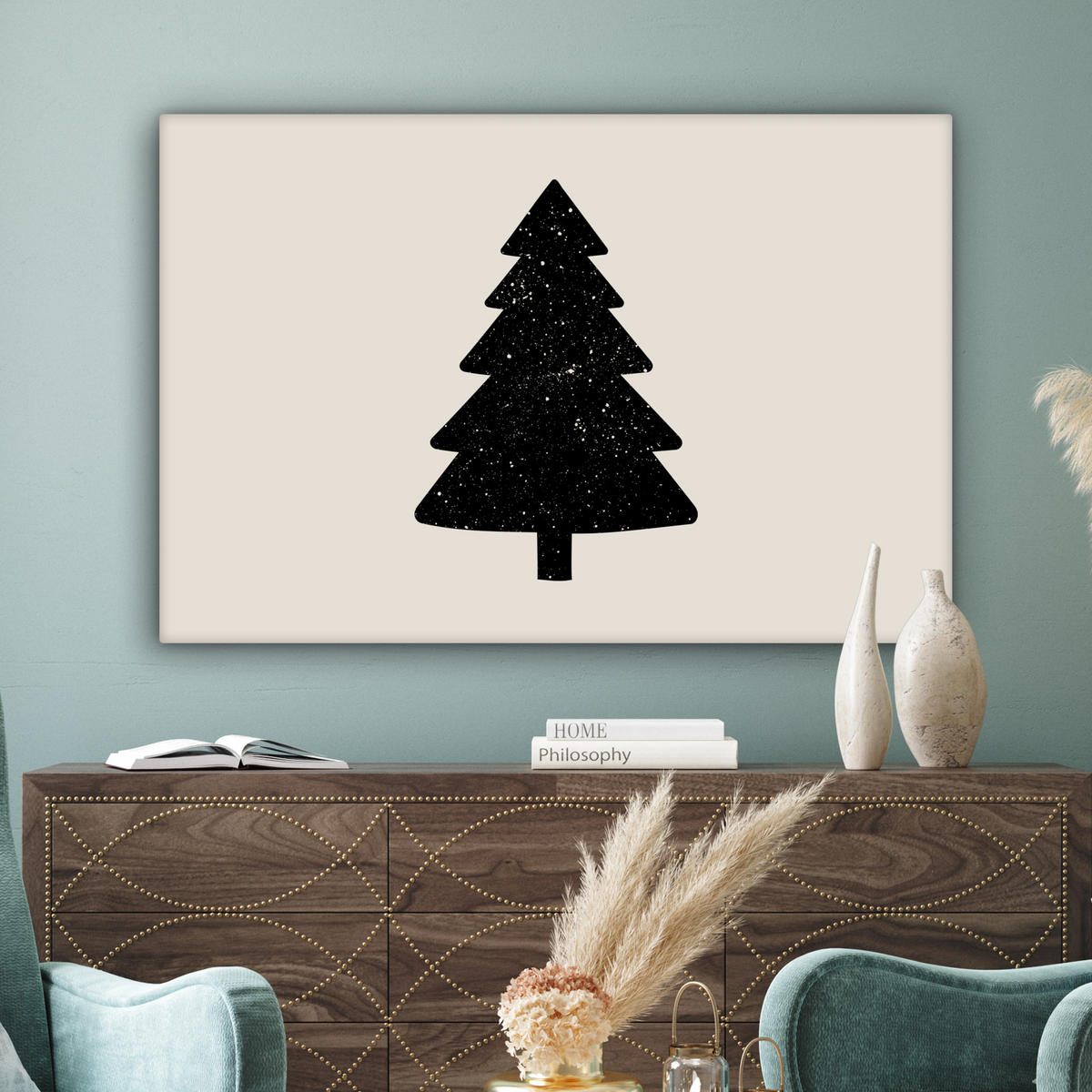 LEINWANDBILD Weihnachtsbaum - Schwarz - Urlaub - Beige Groß 140x90 cm - Schwarz, Textil (140/90cm) - MuchoWow