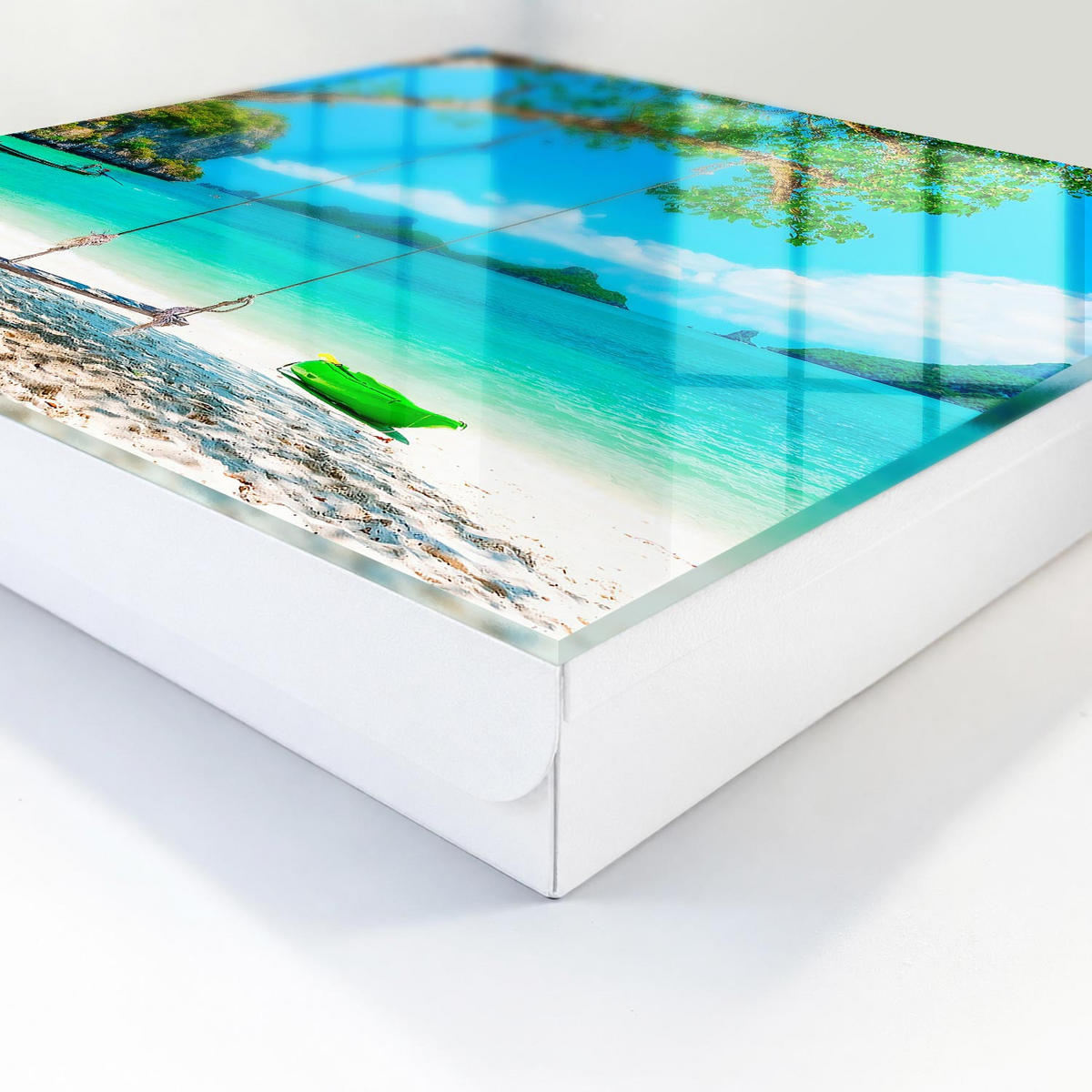 SCHLÜSSELBOX Weiß 30x30 cm – Türöffnung nach rechts - Tropisches Paradies - Türkis, Metall (30/30/5cm) - TULUP