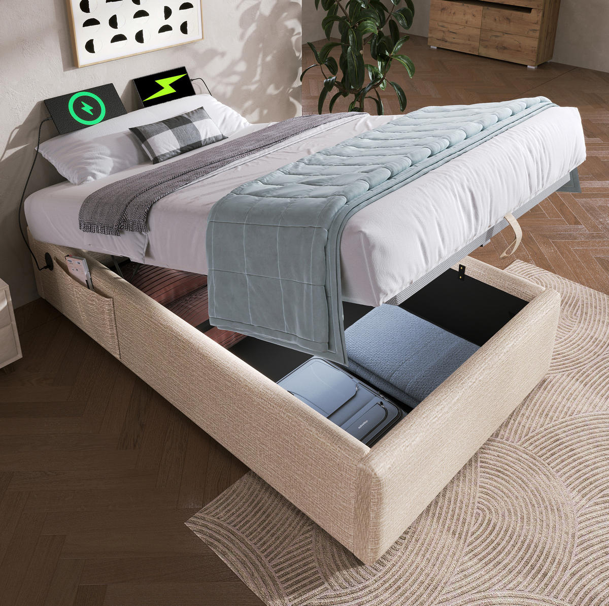 POLSTERBETT aus Leinen 90x200 cm Natur mit Stauraum, USB- und USB-C-Anschluss - Beige, Textil (90/200cm) - IVMEU