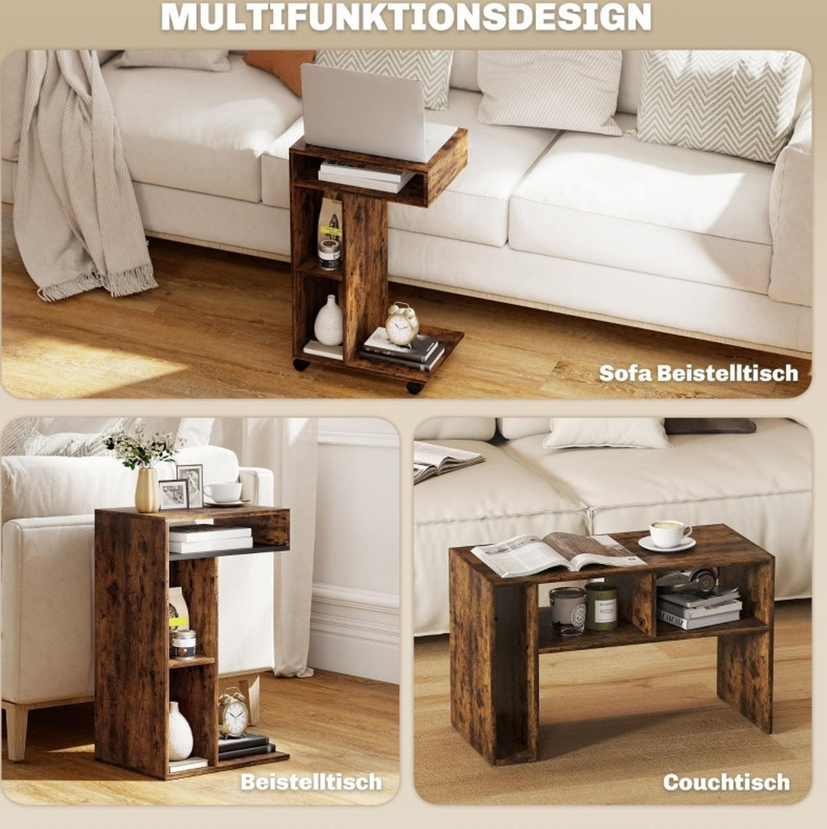 BEISTELLTISCH in C-Form mit Rollen 40 x 30 x 69 cm Rustikalbraun - Braun, Holz (30/69/40cm) - Beauniv